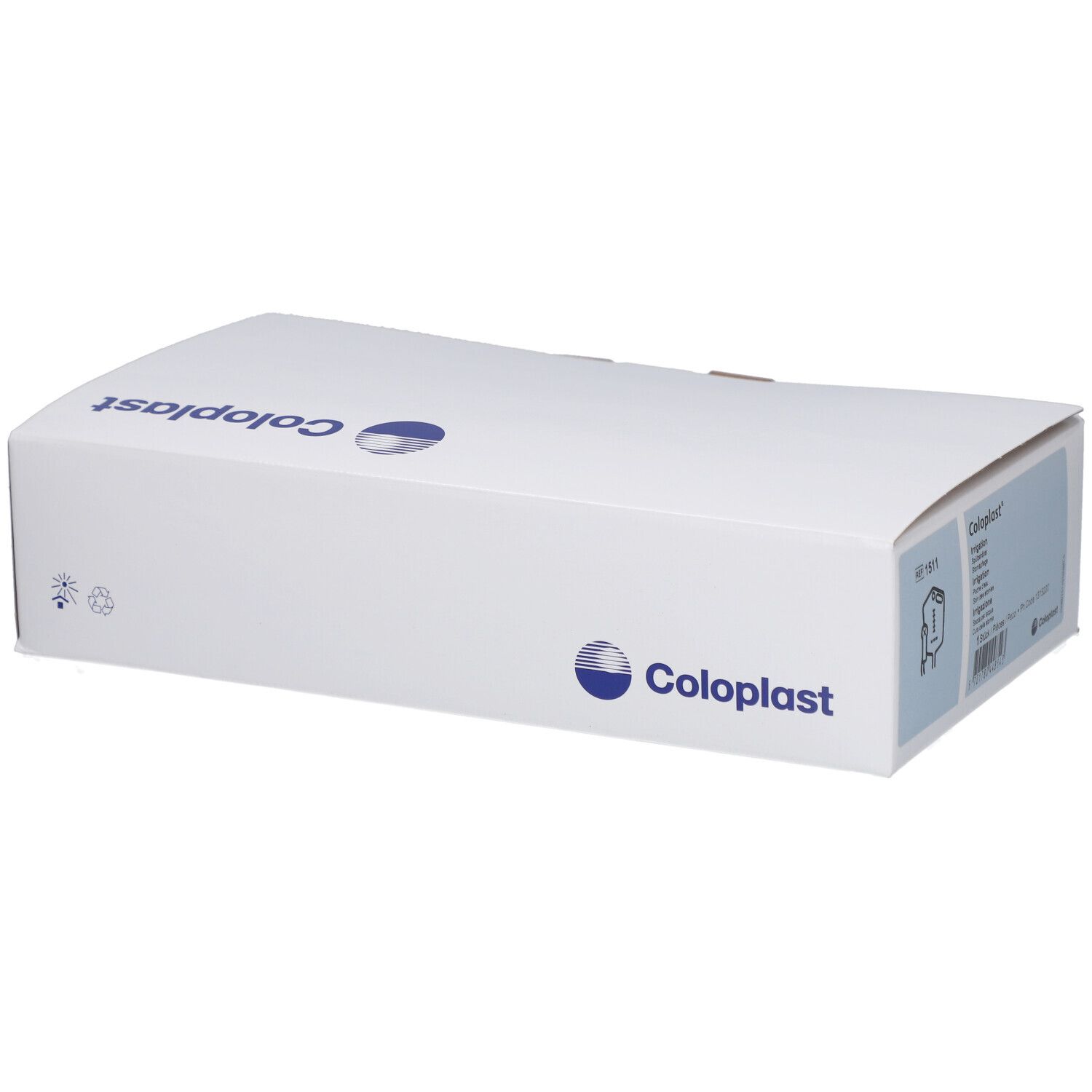 Boîte blanche avec logo et nom Coloplast bleus. Étiquette avec informations produit.