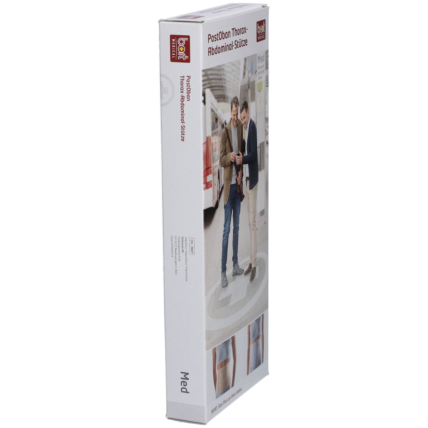 Vue latérale de l'emballage de la ceinture abdominale Bort. Nom du produit et logo visibles. Taille : Med.