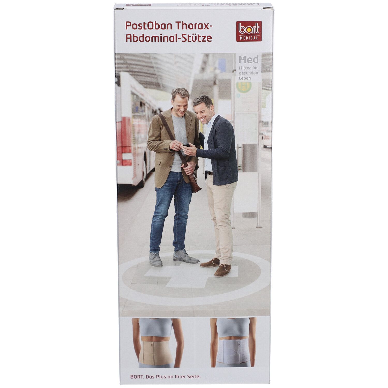 Face avant de l'emballage de la ceinture abdominale Bort. Image du produit et personnes. Taille : Med.