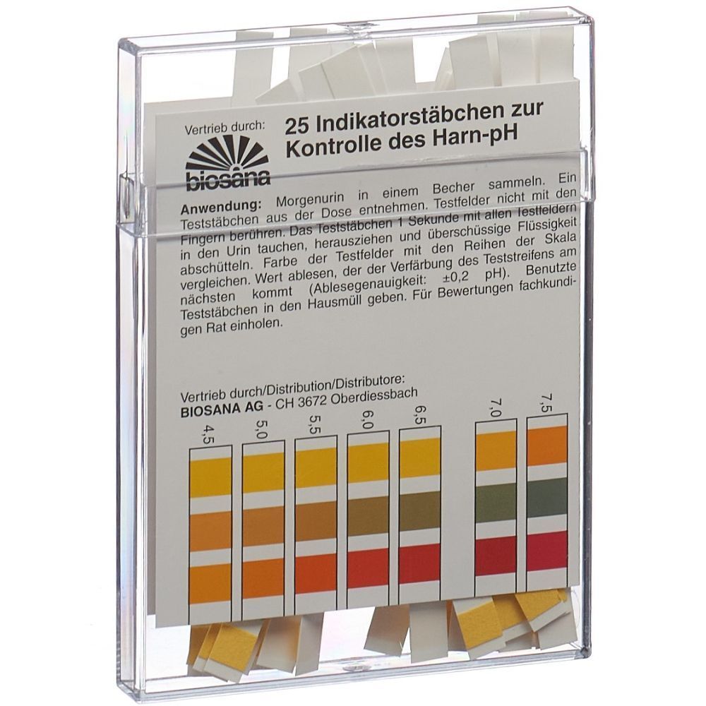Transparante doos met teststrips. Opschrift: BIOSANA, 25 indicatorstrips voor urine-pH controle. Kleurenschaal.