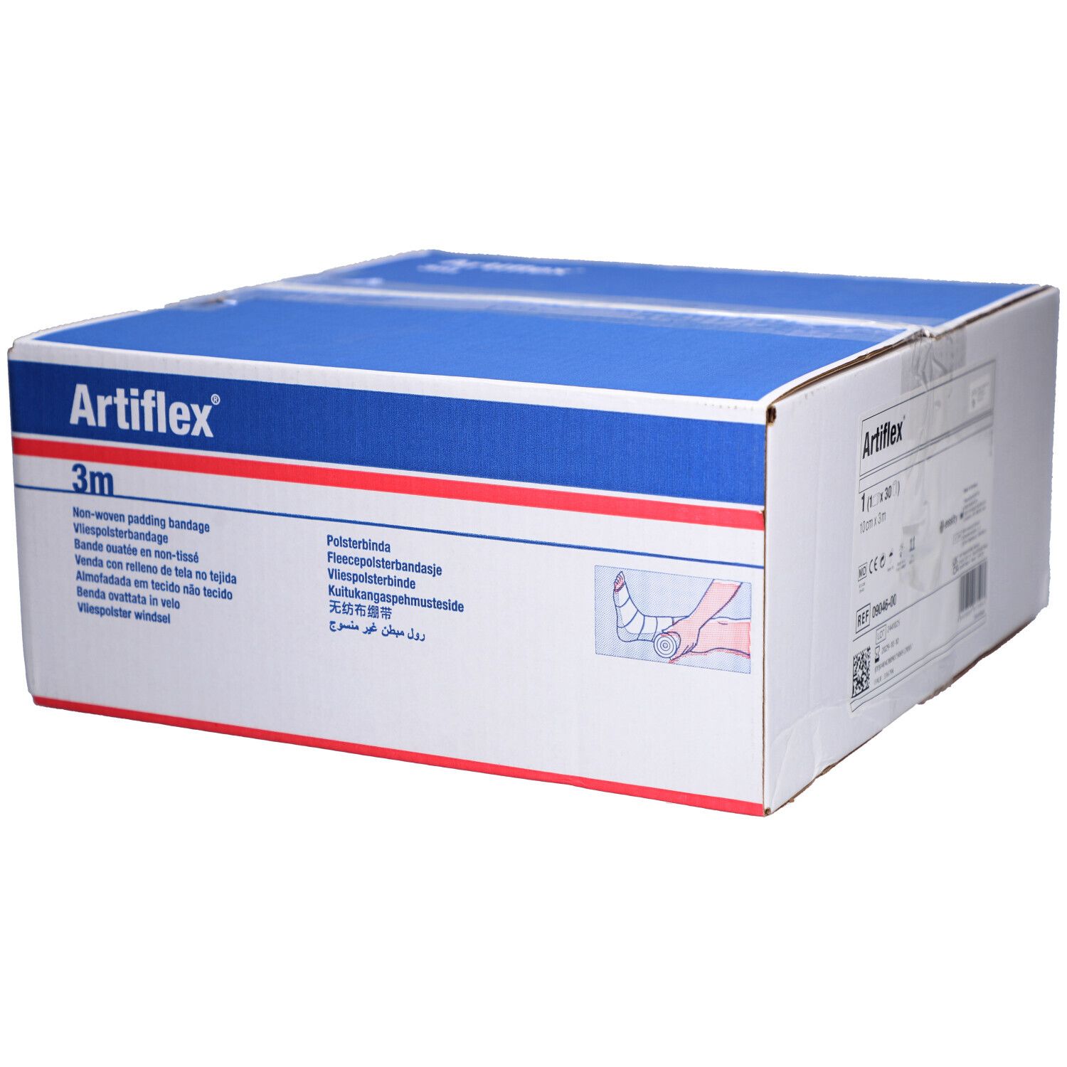 Boîte de bandages Artiflex®. Emballage bleu et blanc avec nom du produit et indication 3m. Illustration d'un pied bandé.