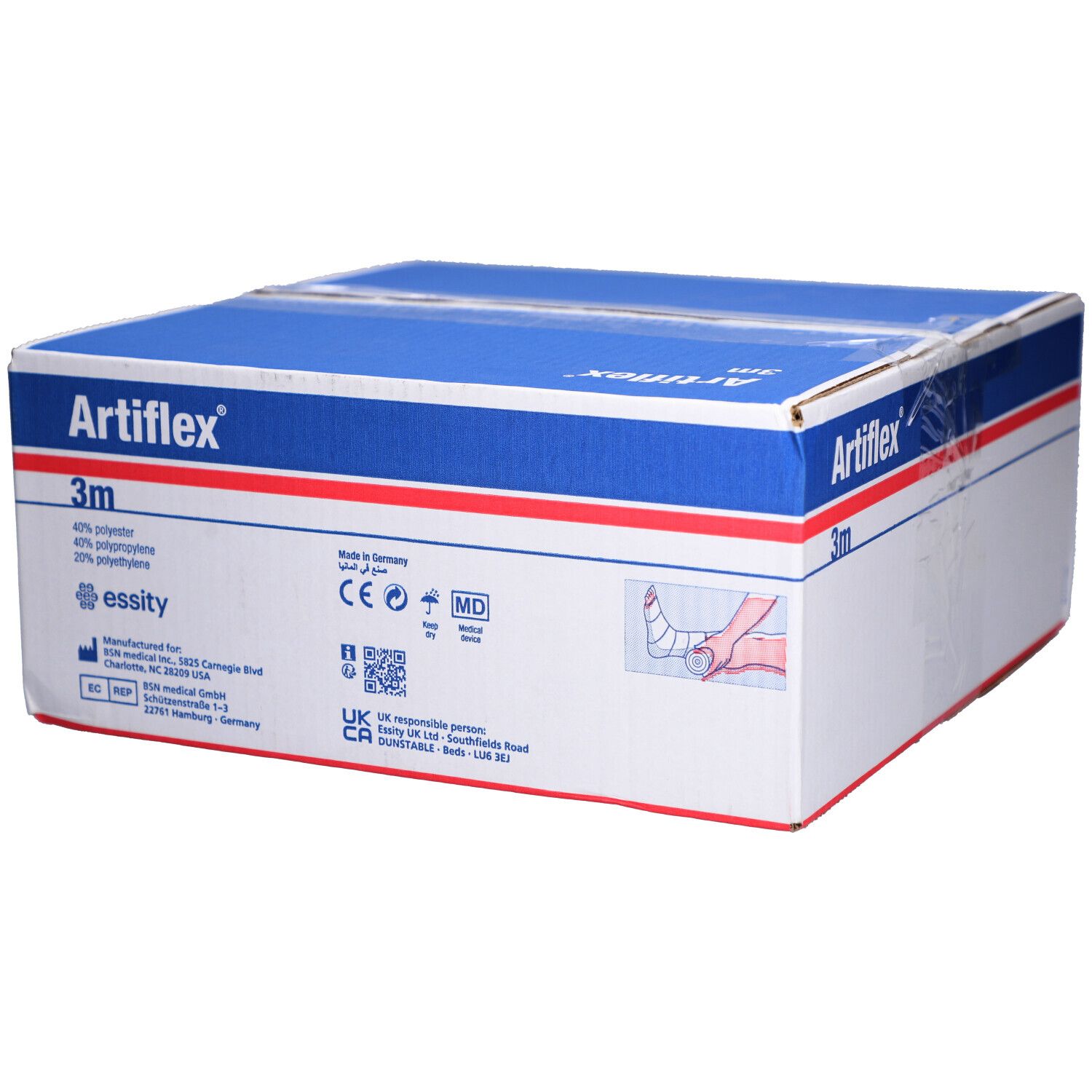 Boîte de bandages Artiflex®. Emballage bleu et blanc avec nom du produit et indication 3m. Avec marquage CE et symbole MD.