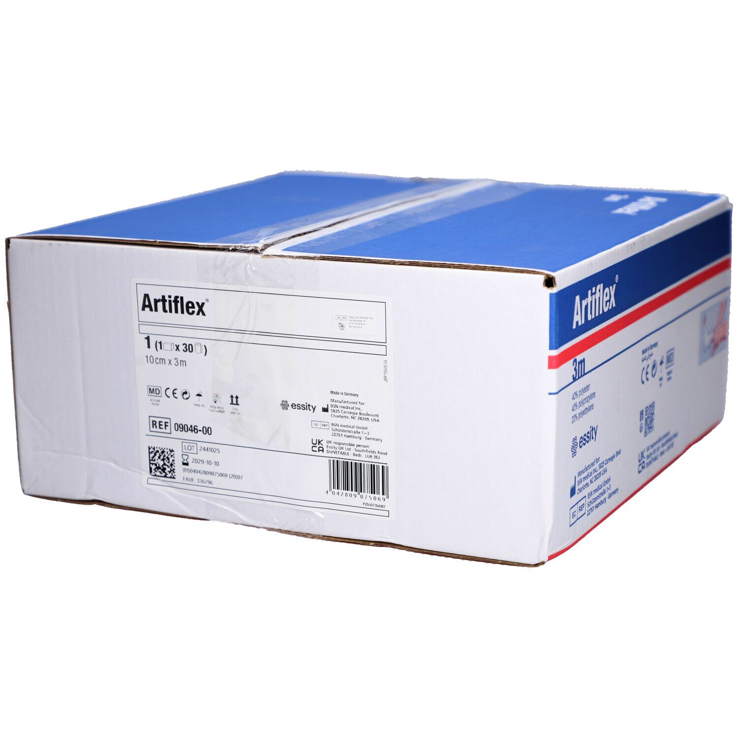 Boîte de bandages Artiflex®. Emballage bleu et blanc avec nom du produit et indication 10cm x 3m. Avec numéro REF.