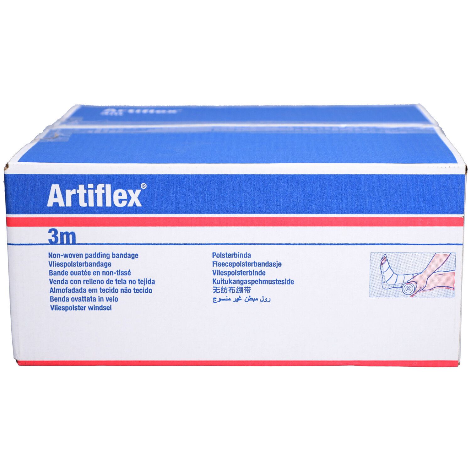 Boîte de bandages Artiflex®. Emballage bleu et blanc avec nom du produit et indication 3m. Illustration d'un pied bandé.