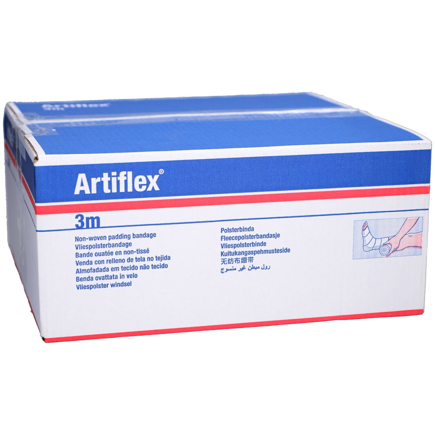 Boîte de bandages Artiflex®. Emballage bleu et blanc avec nom du produit et indication 3m. Illustration d'un pied bandé.