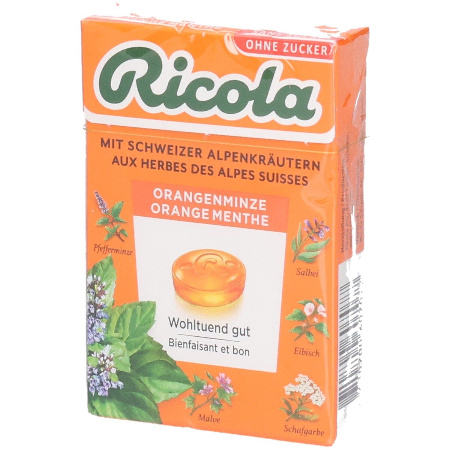 Verpakking van Ricola Bonbons Orange menthe. Oranje doos met productafbeelding en tekst.