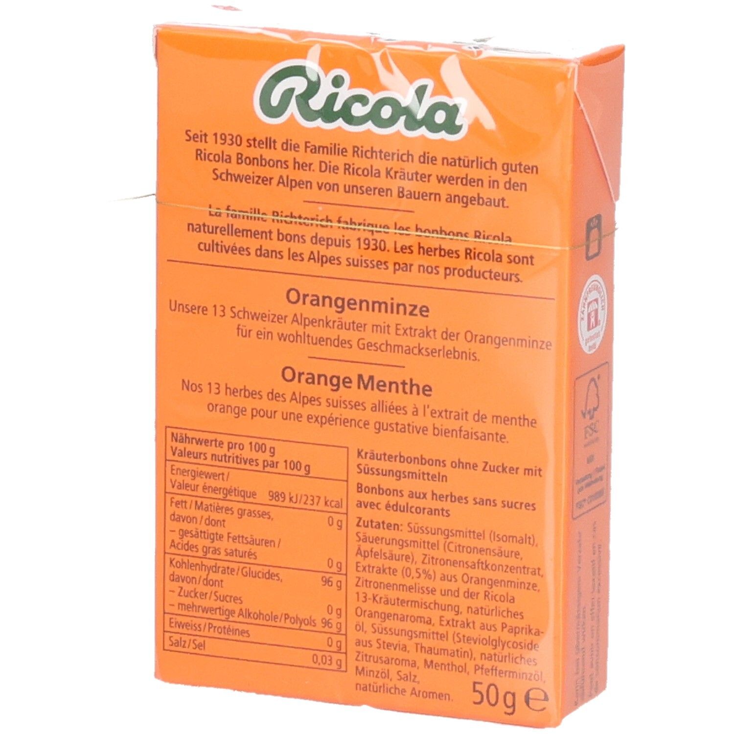 Achterkant van de Ricola Bonbons Orange menthe verpakking. Tekstinformatie en voedingswaarden.
