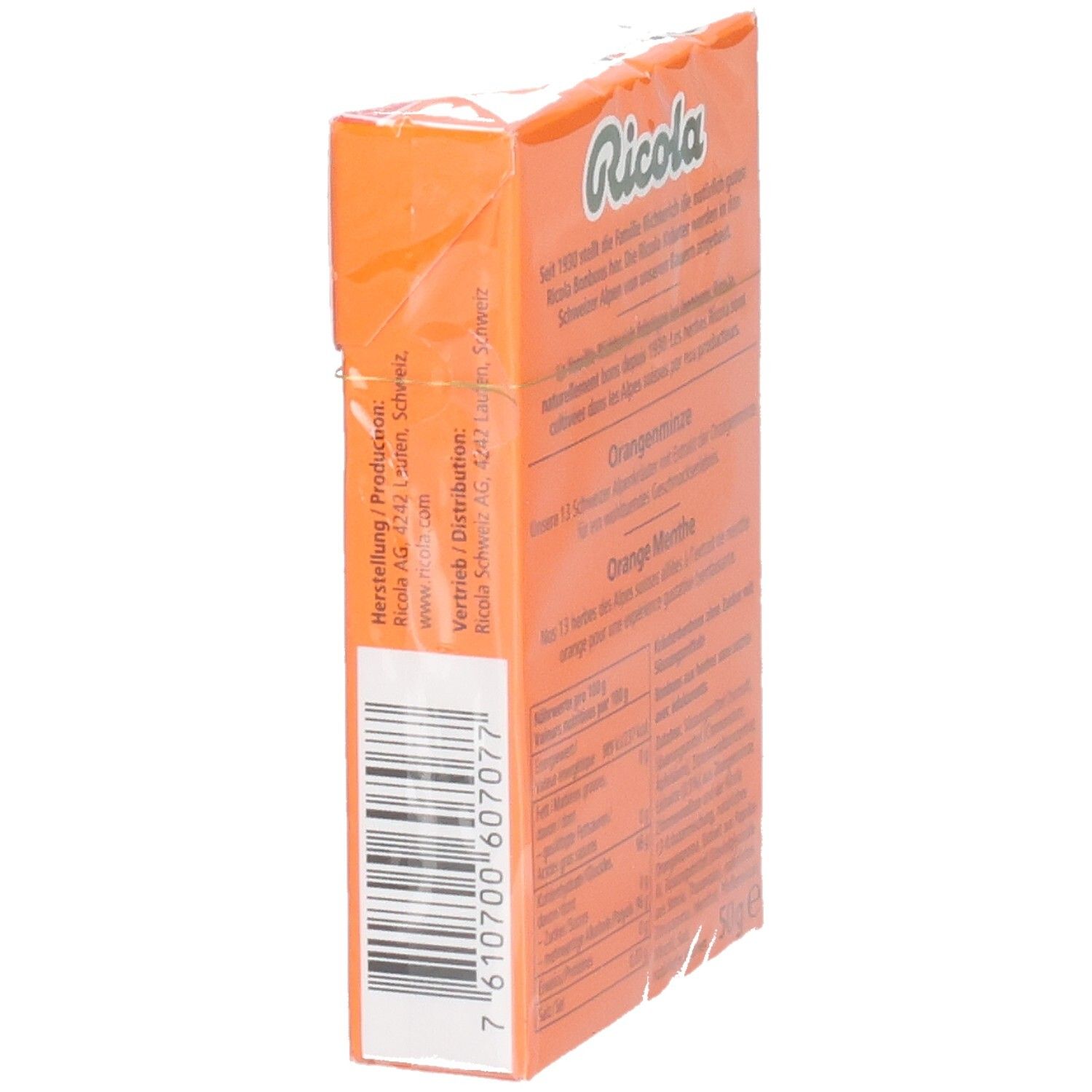 Zijkant van de Ricola Bonbons Orange menthe verpakking. Barcode en tekst.