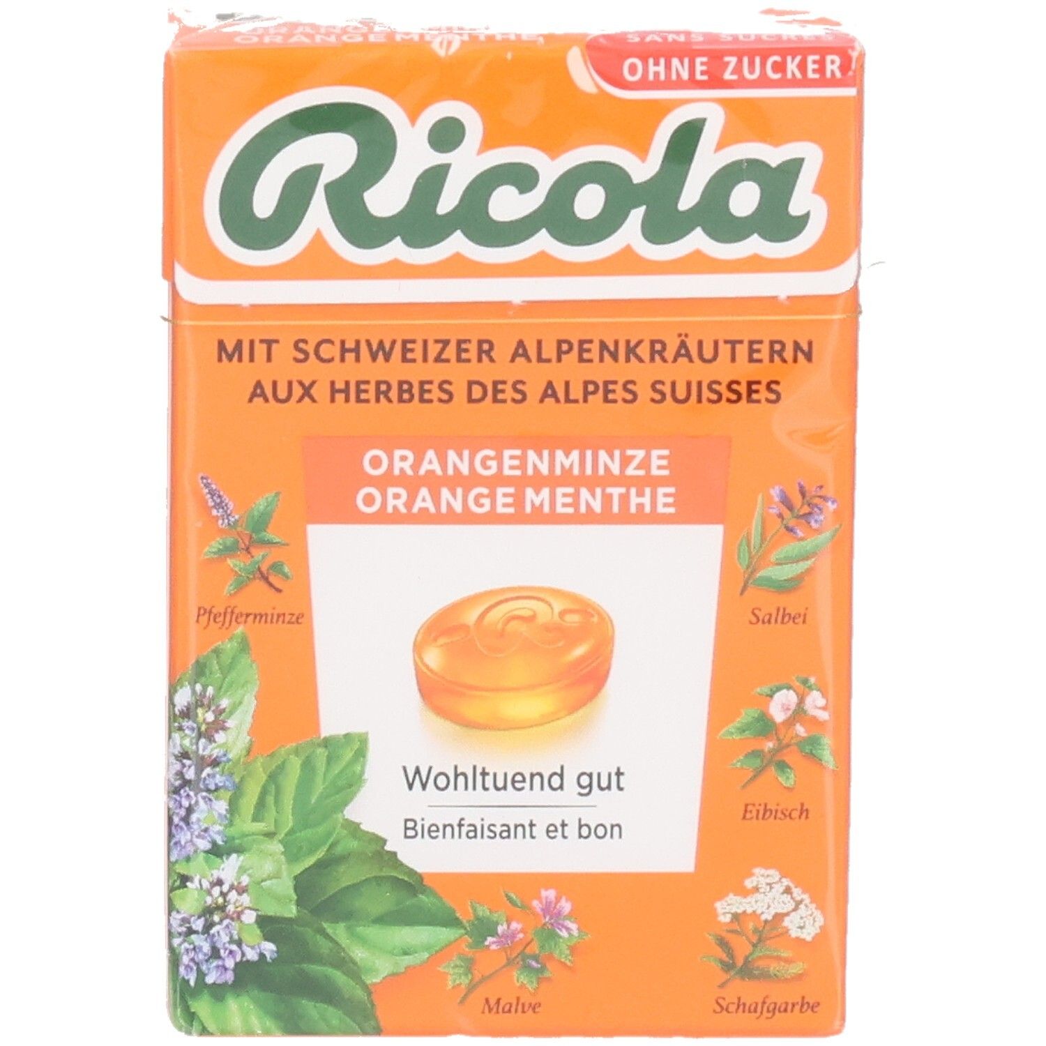 Ricola Bonbons Orange menthe verpakking. Oranje doos met productafbeelding en tekst.
