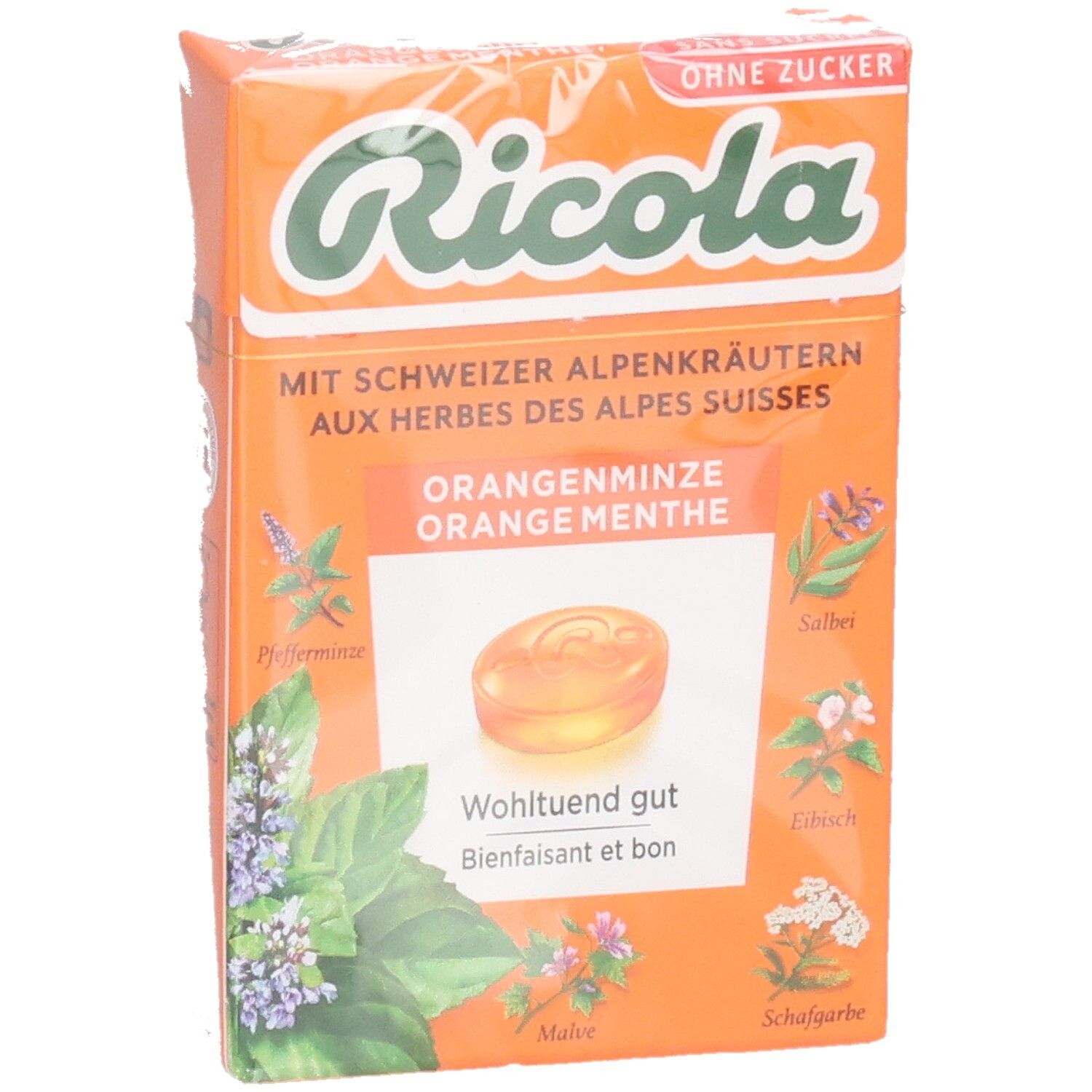 Ricola Bonbons Orange menthe verpakking. Oranje doos met productafbeelding en tekst.
