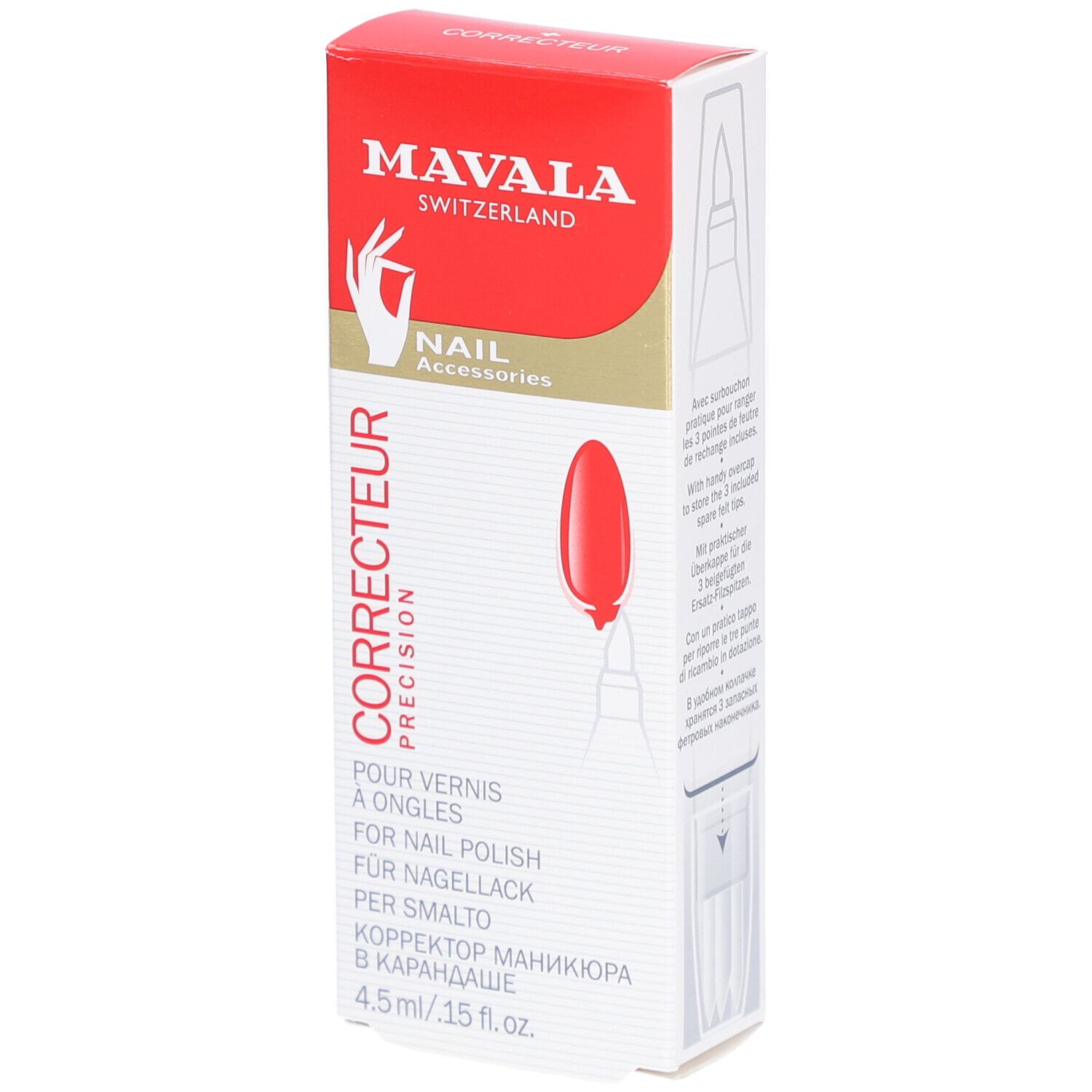 Boîte de correcteur pour ongles. Rouge et blanc, avec illustration et texte. Contient 4,5 ml.