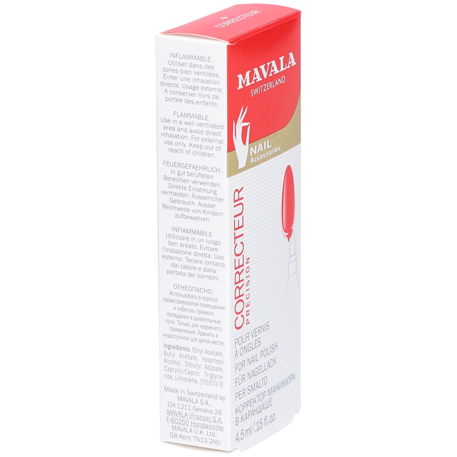 Emballage avec avertissements et ingrédients. Boîte rouge et blanche avec texte. Contient 4,5 ml.