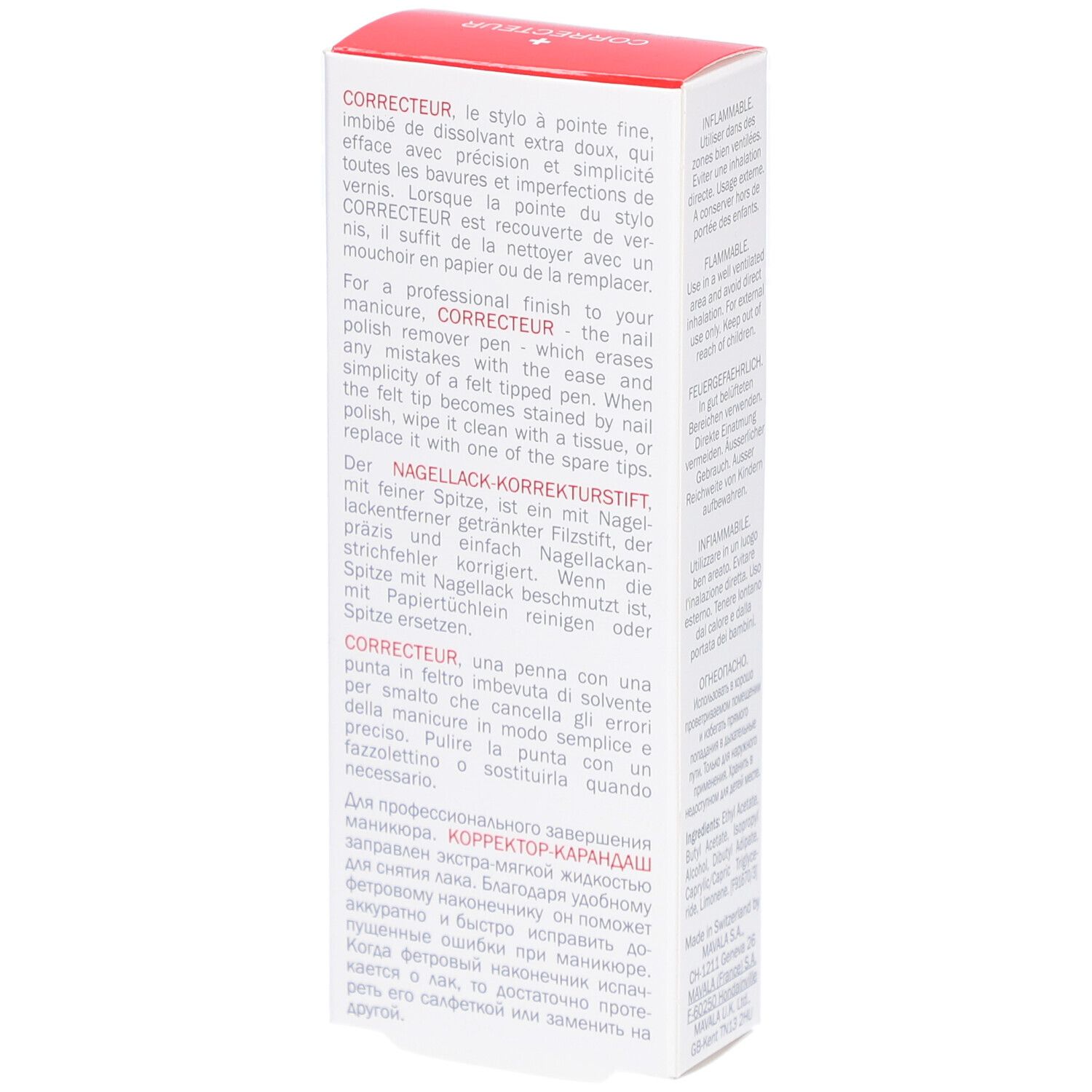 Texte sur l'emballage. Description du correcteur. Boîte rouge et blanche avec texte. Contient 4,5 ml.