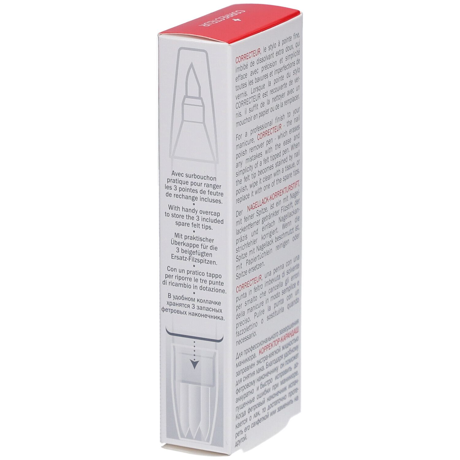 Emballage avec pointes de rechange. Boîte rouge et blanche avec texte. Contient 4,5 ml.