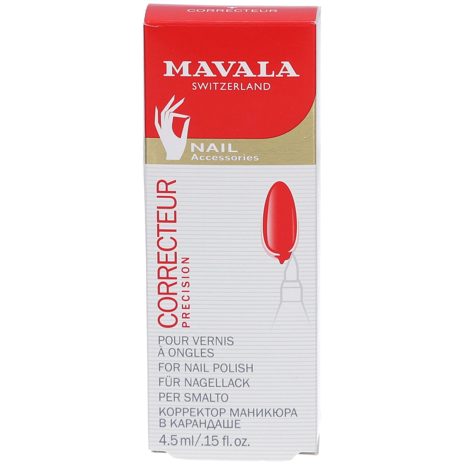 Boîte de correcteur pour ongles. Rouge et blanc, avec illustration et texte. Contient 4,5 ml.