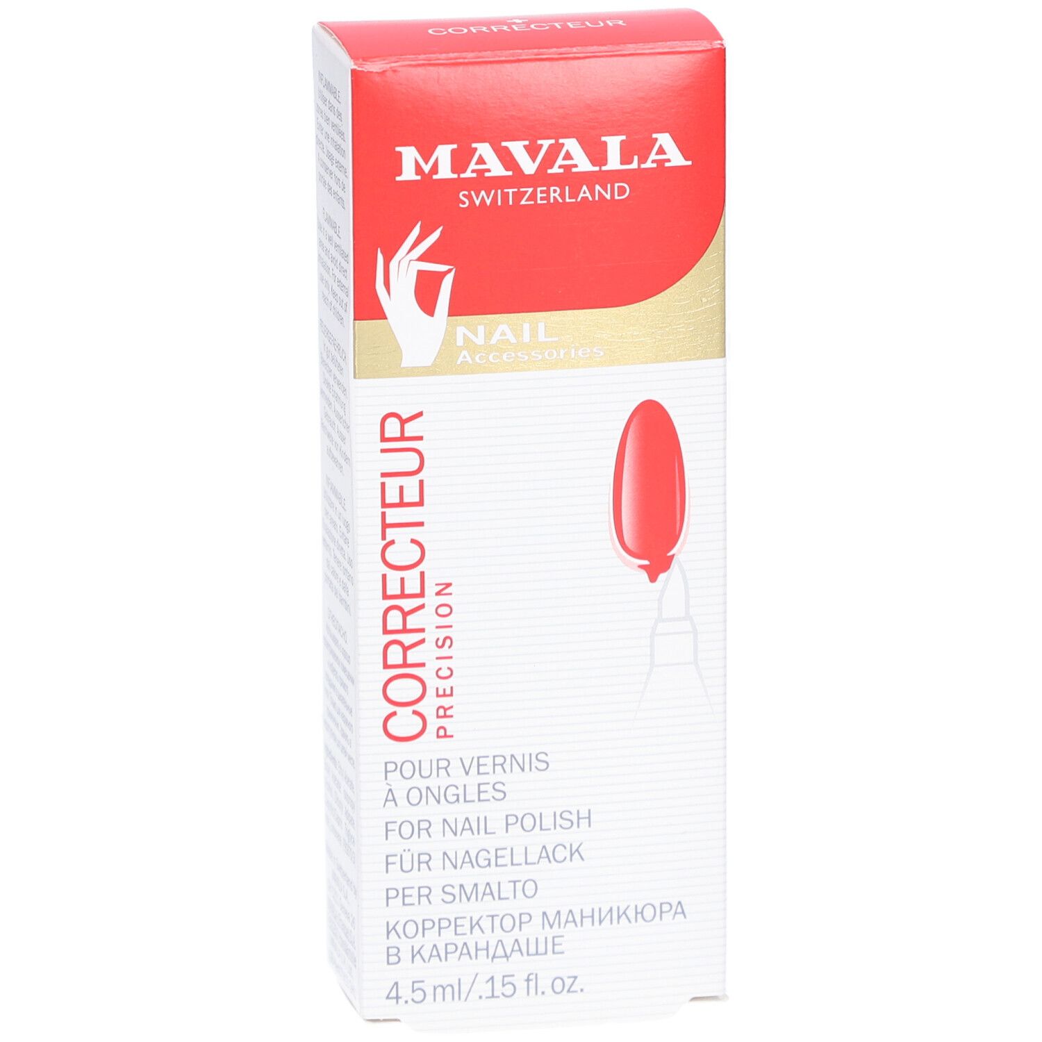 Boîte de correcteur pour ongles. Rouge et blanc, avec illustration et texte. Contient 4,5 ml.