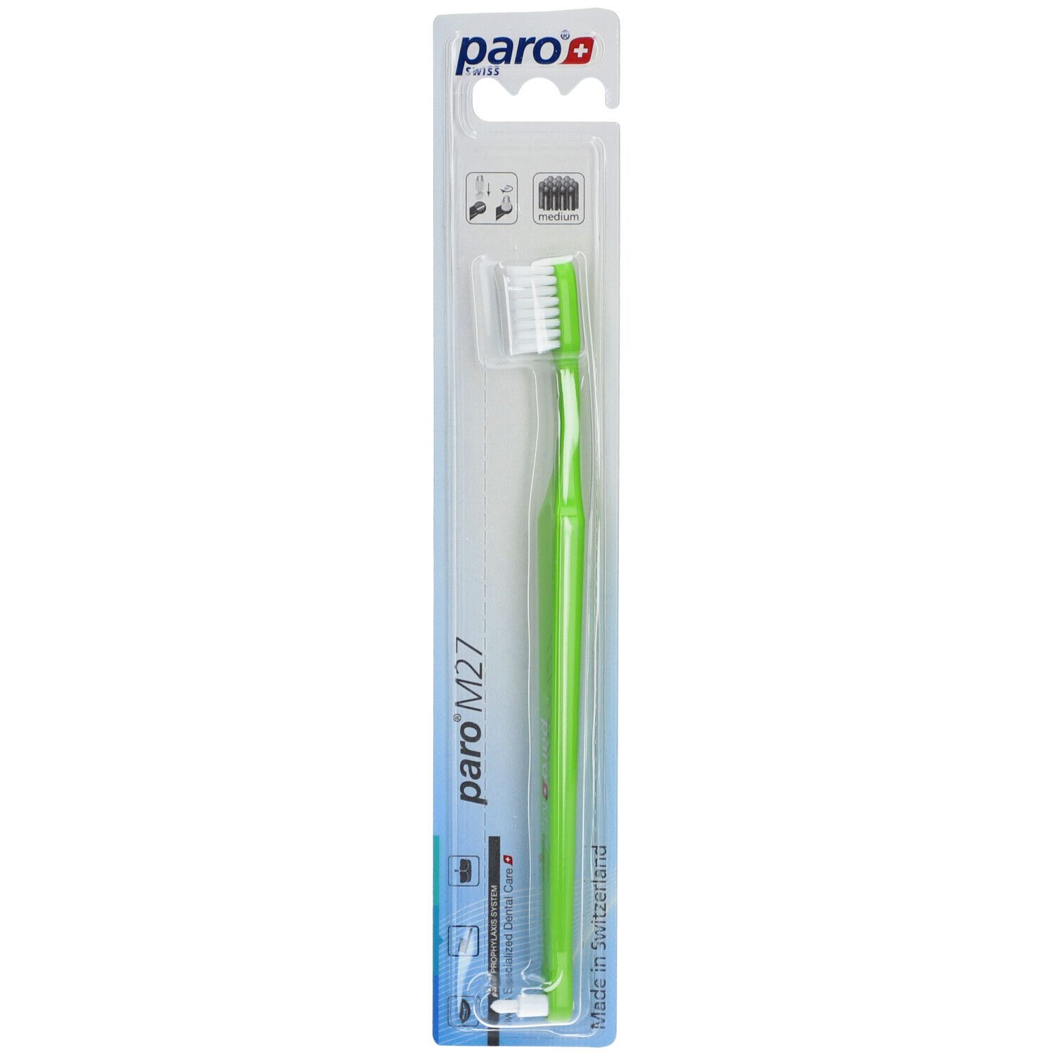 Brosse à dents paro M27 Medium verte, emballage blister. Tête de brosse avec poils blancs. Marque paro.