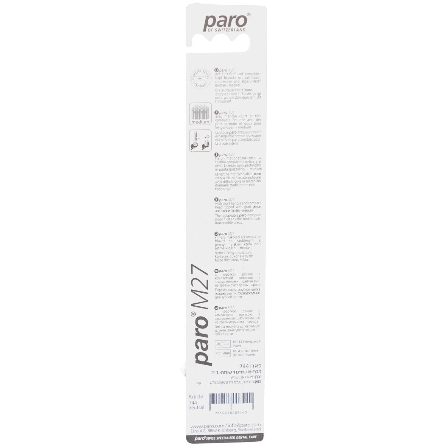 Dos de l'emballage de la brosse à dents paro M27 Medium. Nom du produit et marque paro. Texte et pictogrammes.
