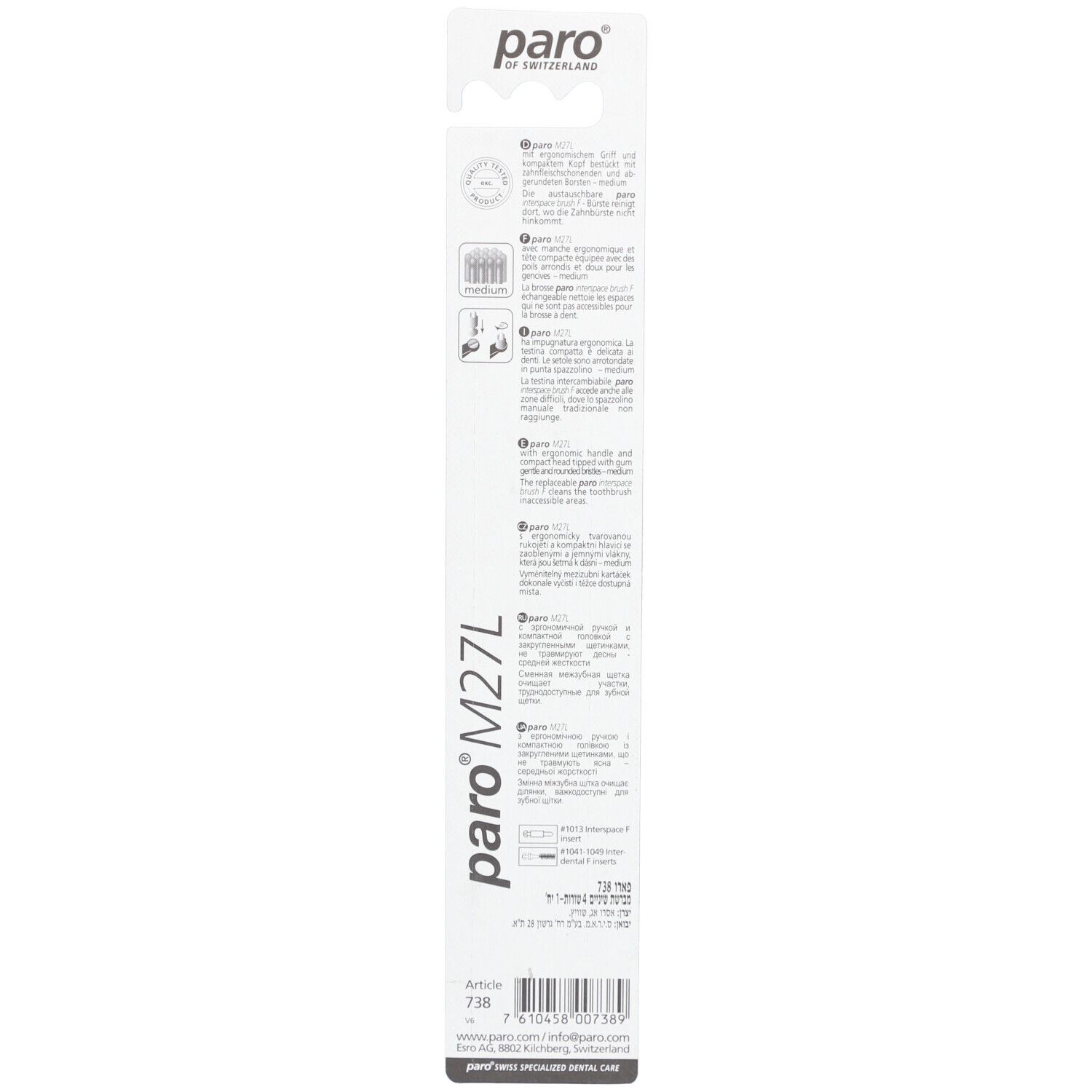 Dos de l'emballage blister avec informations produit et marque paro M27L.