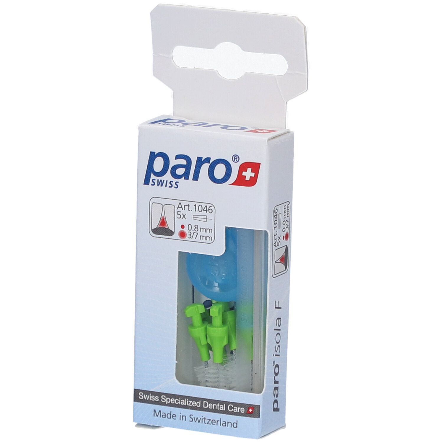 Emballage de brosses interdentaires. Têtes de brosse vert clair, support bleu. Inscription : paro swiss.