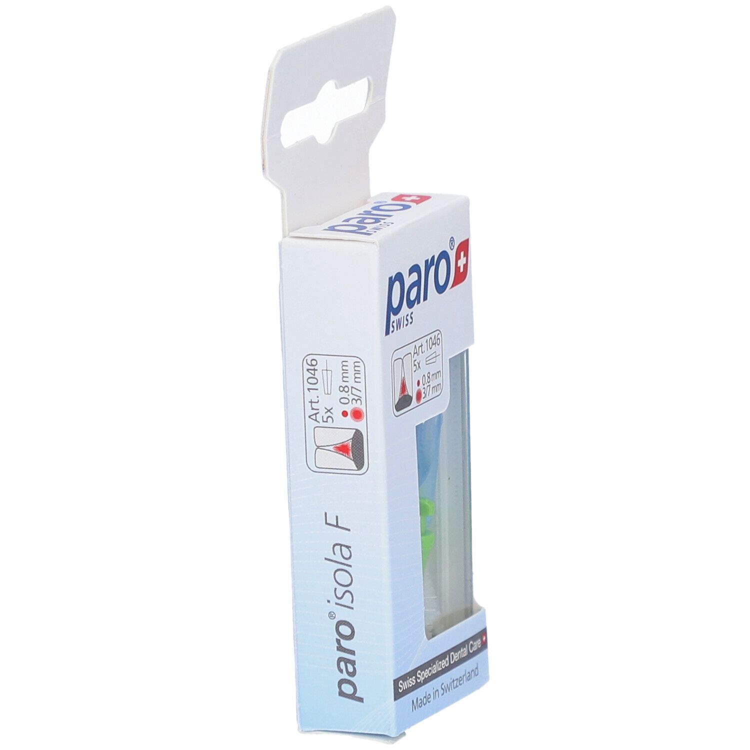 Vue latérale de l'emballage. Inscription : paro isola F, paro swiss. Contient des brosses interdentaires.