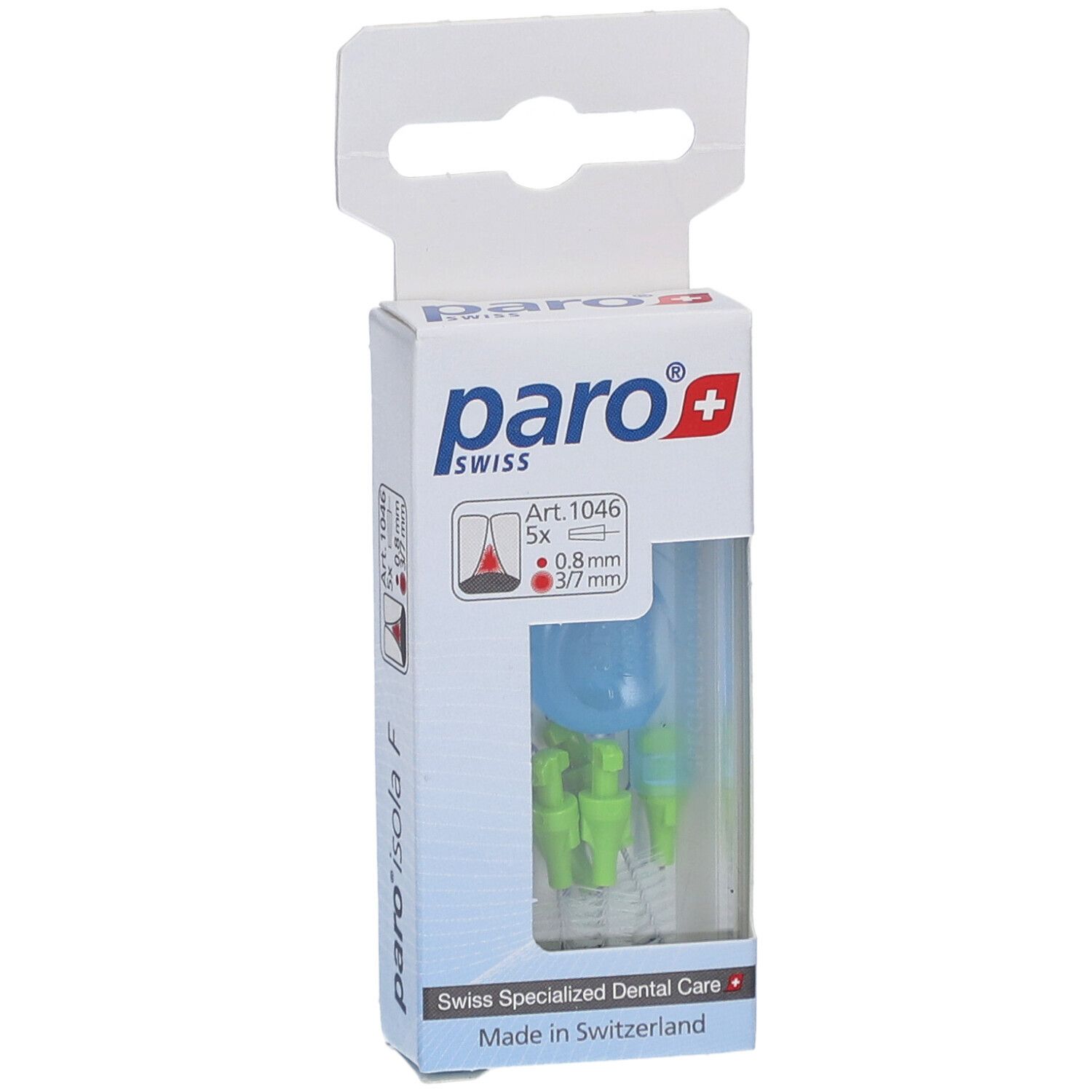 Emballage de brosses interdentaires. Têtes de brosse vert clair, support bleu. Inscription : paro swiss.