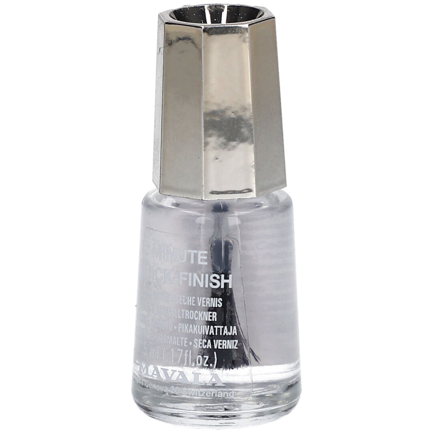 Transparante nagellakfles met zilverkleurige dop. Ingebouwde borstel. Opschrift: Minute Quick Finish.