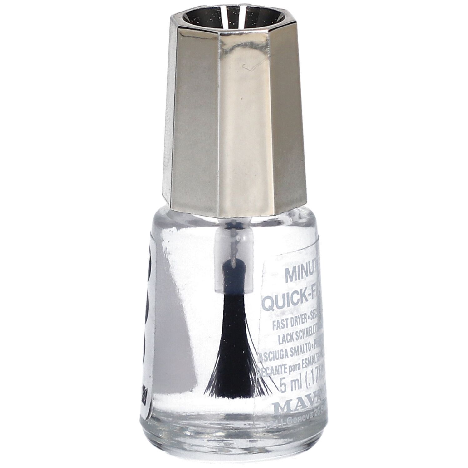 Transparante nagellakfles met zilverkleurige dop. Ingebouwde borstel. Opschrift: Minute Quick Finish.