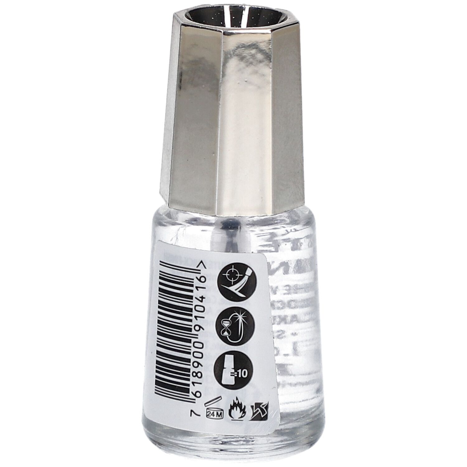 Transparante nagellakfles met zilverkleurige dop. Streepjescode en pictogrammen op het etiket.