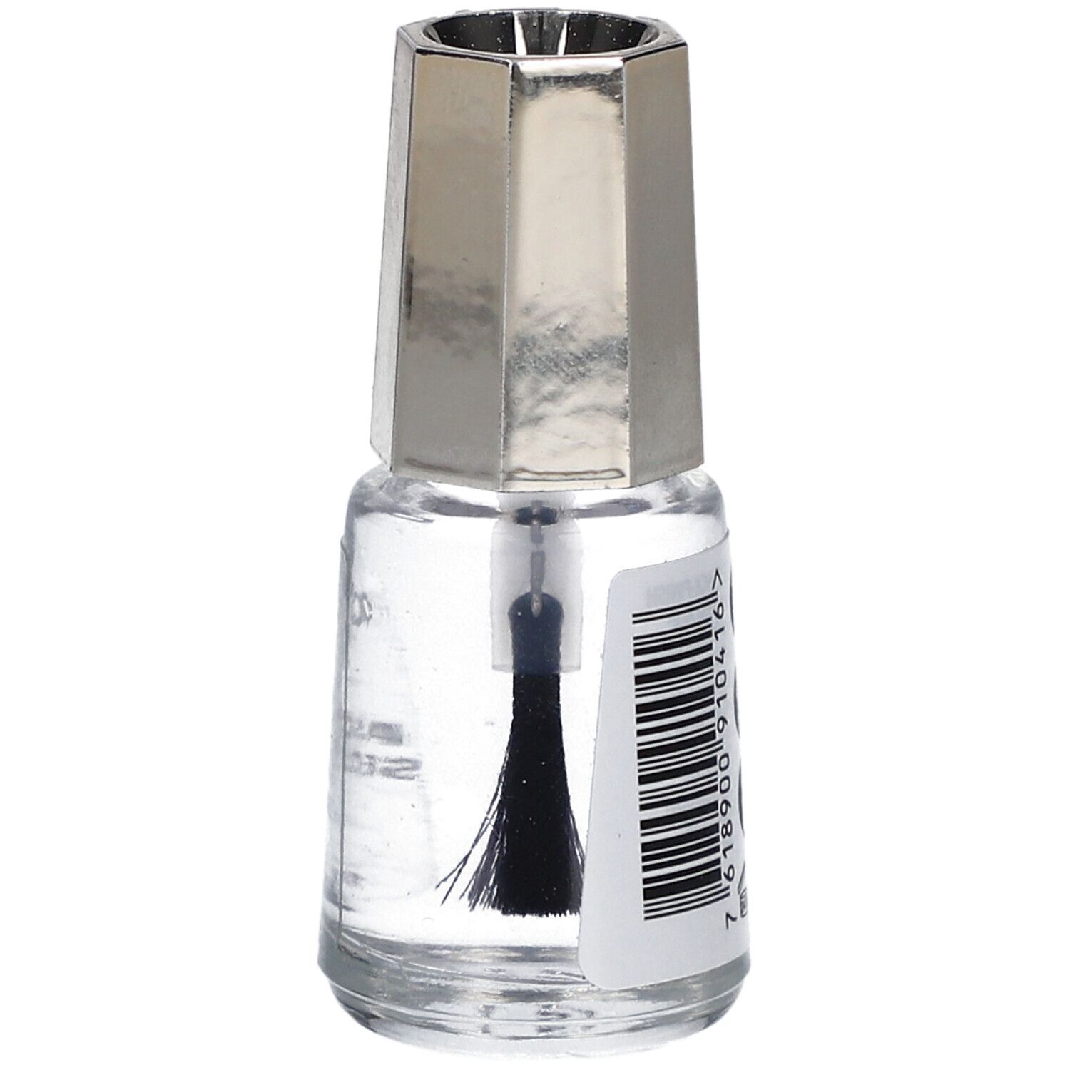 Transparante nagellakfles met zilverkleurige dop. Streepjescode op het etiket.