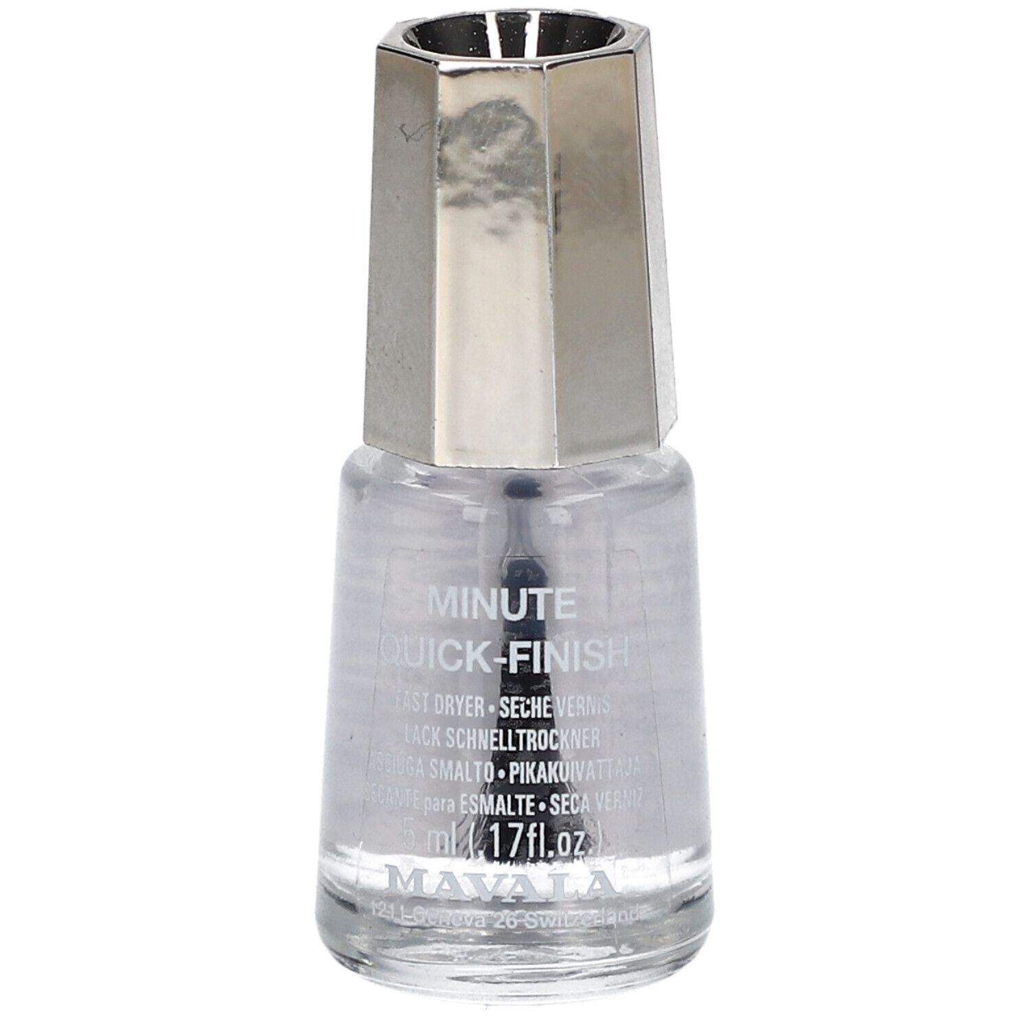 Transparante nagellakfles met zilverkleurige dop. Ingebouwde borstel. Opschrift: Minute Quick Finish.