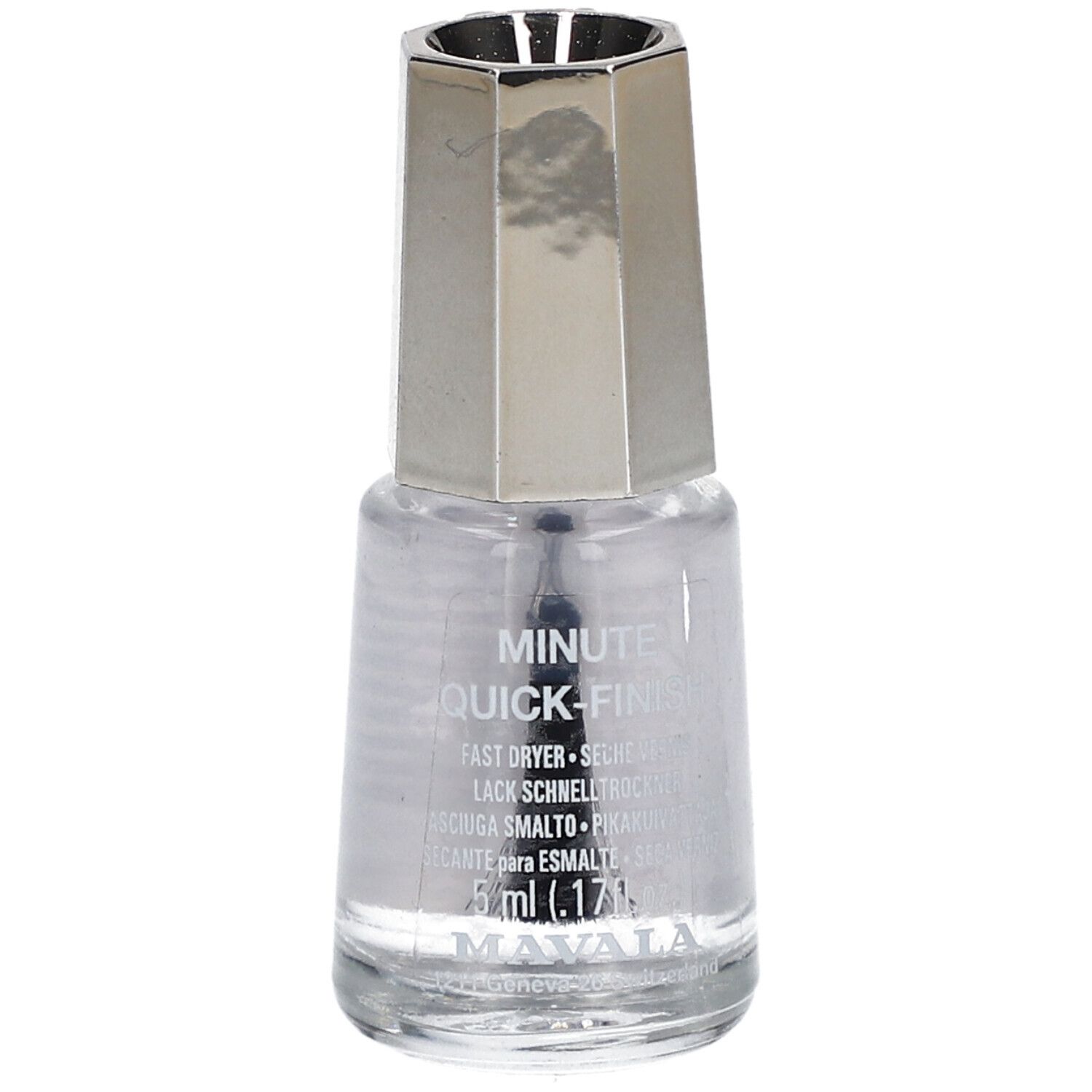 Transparante nagellakfles met zilverkleurige dop. Ingebouwde borstel. Opschrift: Minute Quick Finish.