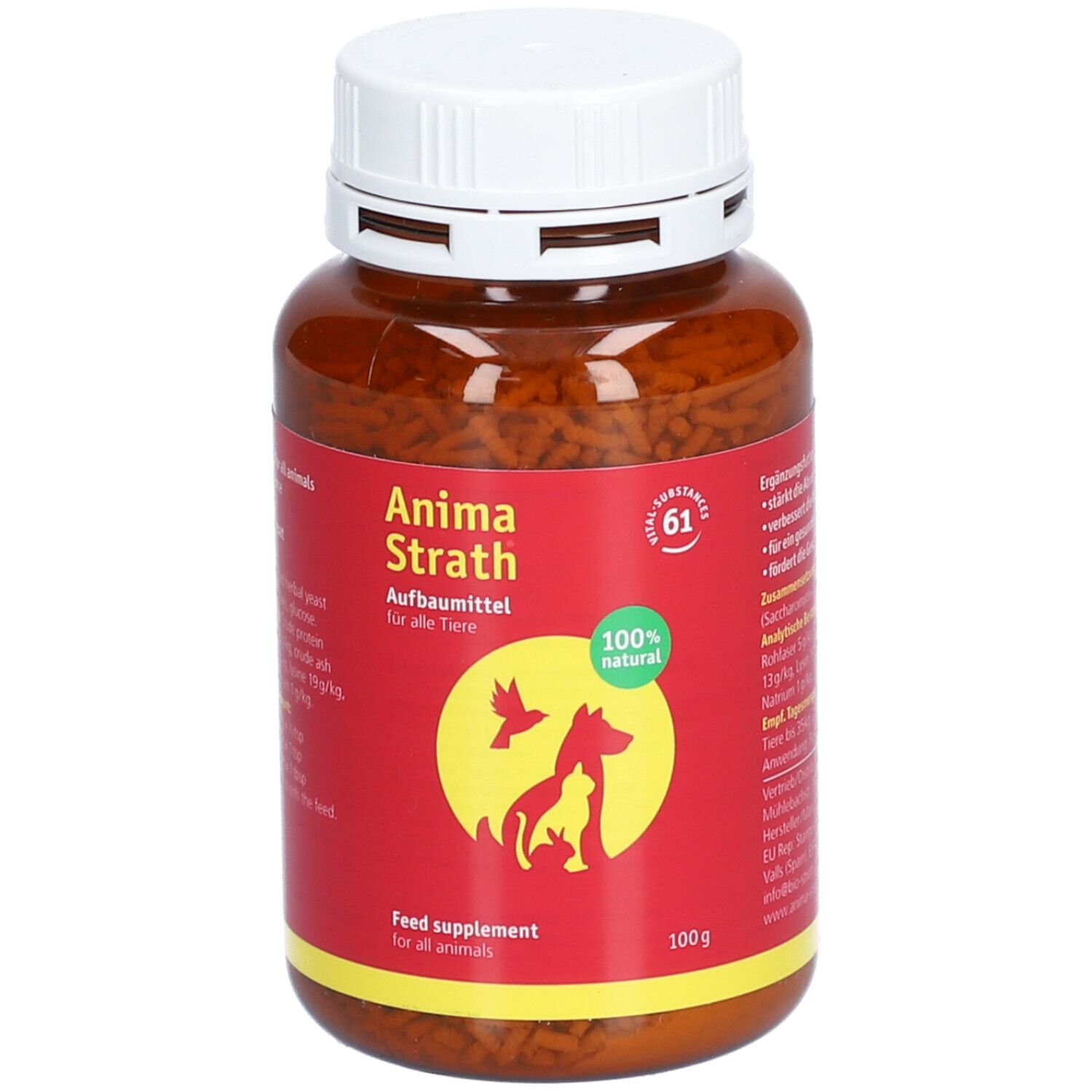 Bruine plastic fles met witte dop. Rood etiket met productnaam, logo en opschrift "100% natural".