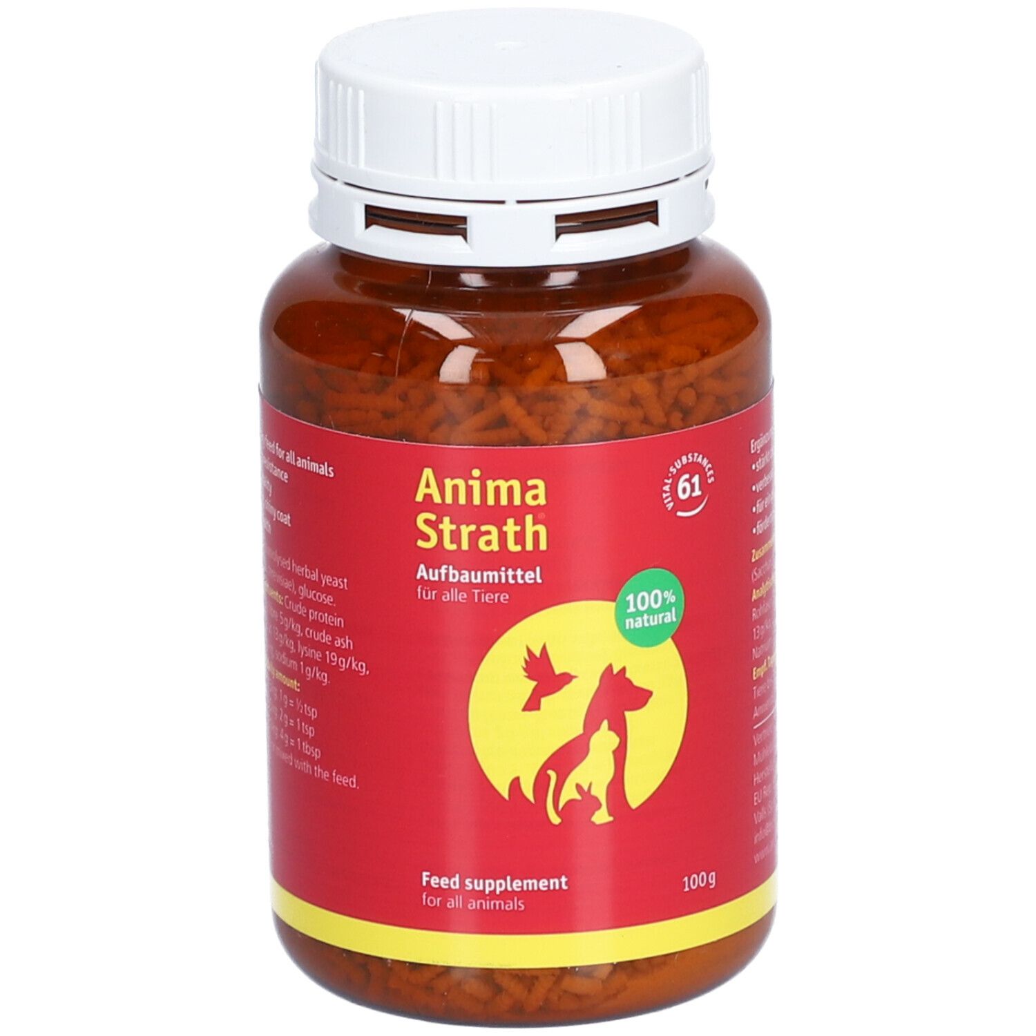 Bruine plastic fles met witte dop. Rood etiket met productnaam, logo en opschrift "100% natural".
