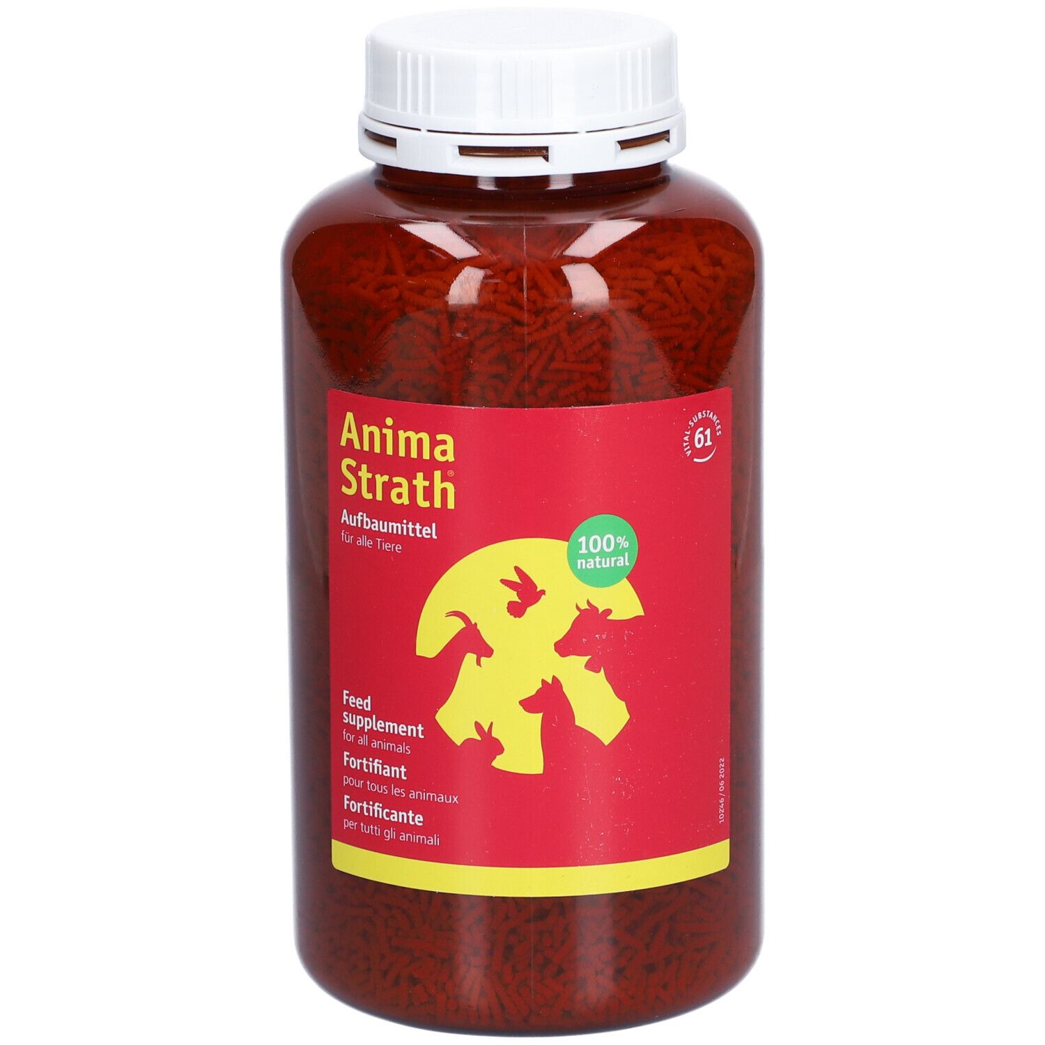 Bruine korrels in een bruine fles met witte dop. Rood etiket met productnaam en logo.