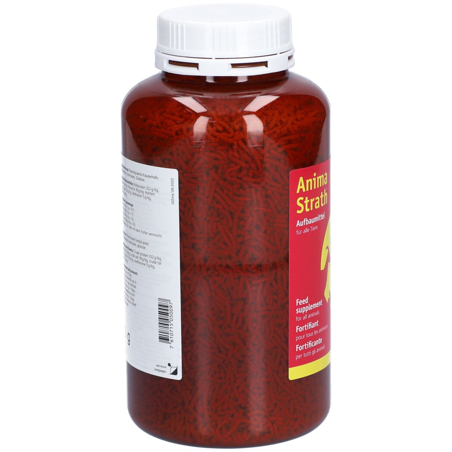 Bruine korrels in een bruine fles met witte dop. Etiket met productinformatie.