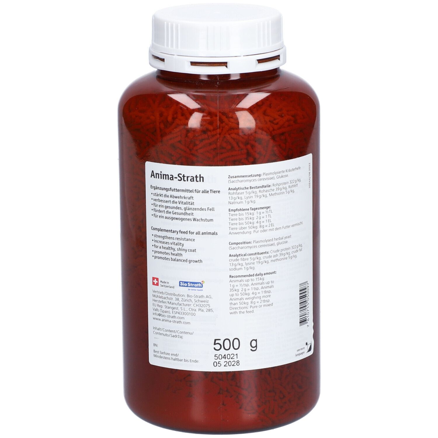 Bruine korrels in een bruine fles met witte dop. Etiket met productinformatie en 500g.