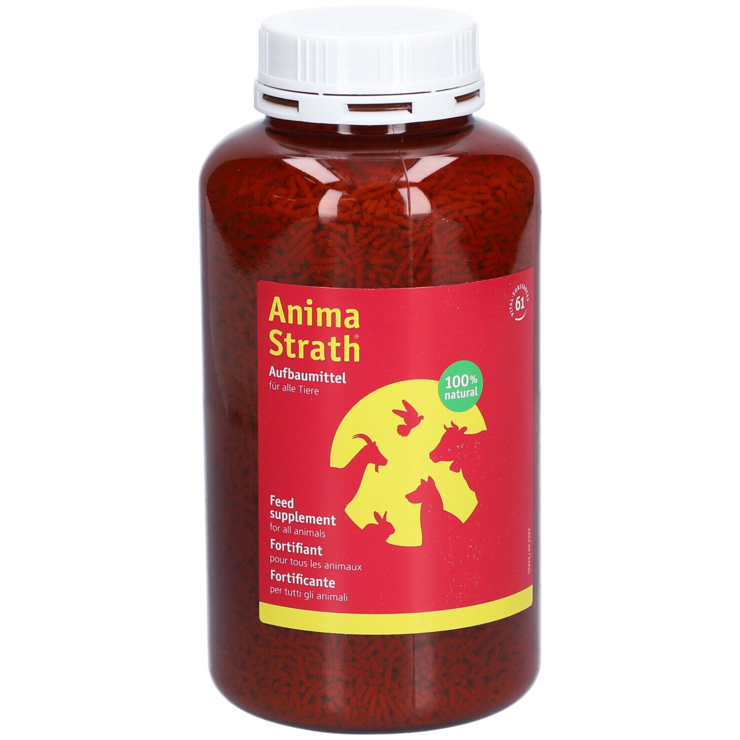 Bruine korrels in een bruine fles met witte dop. Rood etiket met productnaam en logo.