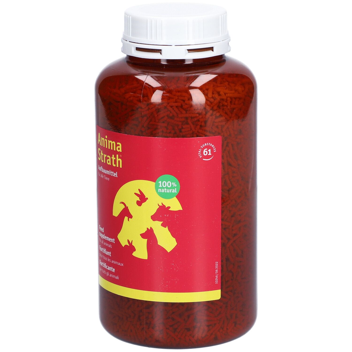 Bruine korrels in een bruine fles met witte dop. Rood etiket met productnaam en logo.