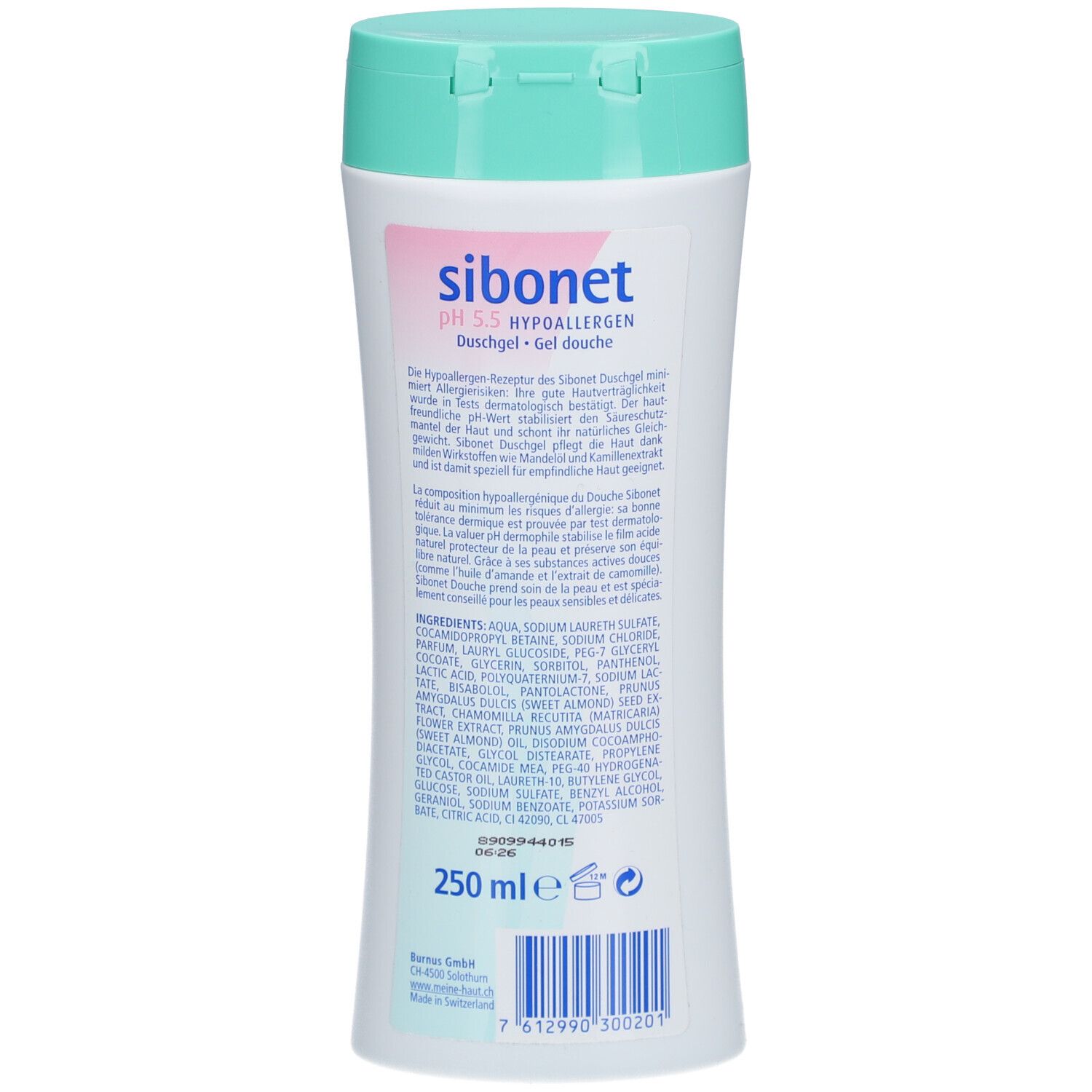Dos du flacon. Texte avec ingrédients et informations. "sibonet pH 5.5 HYPOALLERGEN". 250 ml.