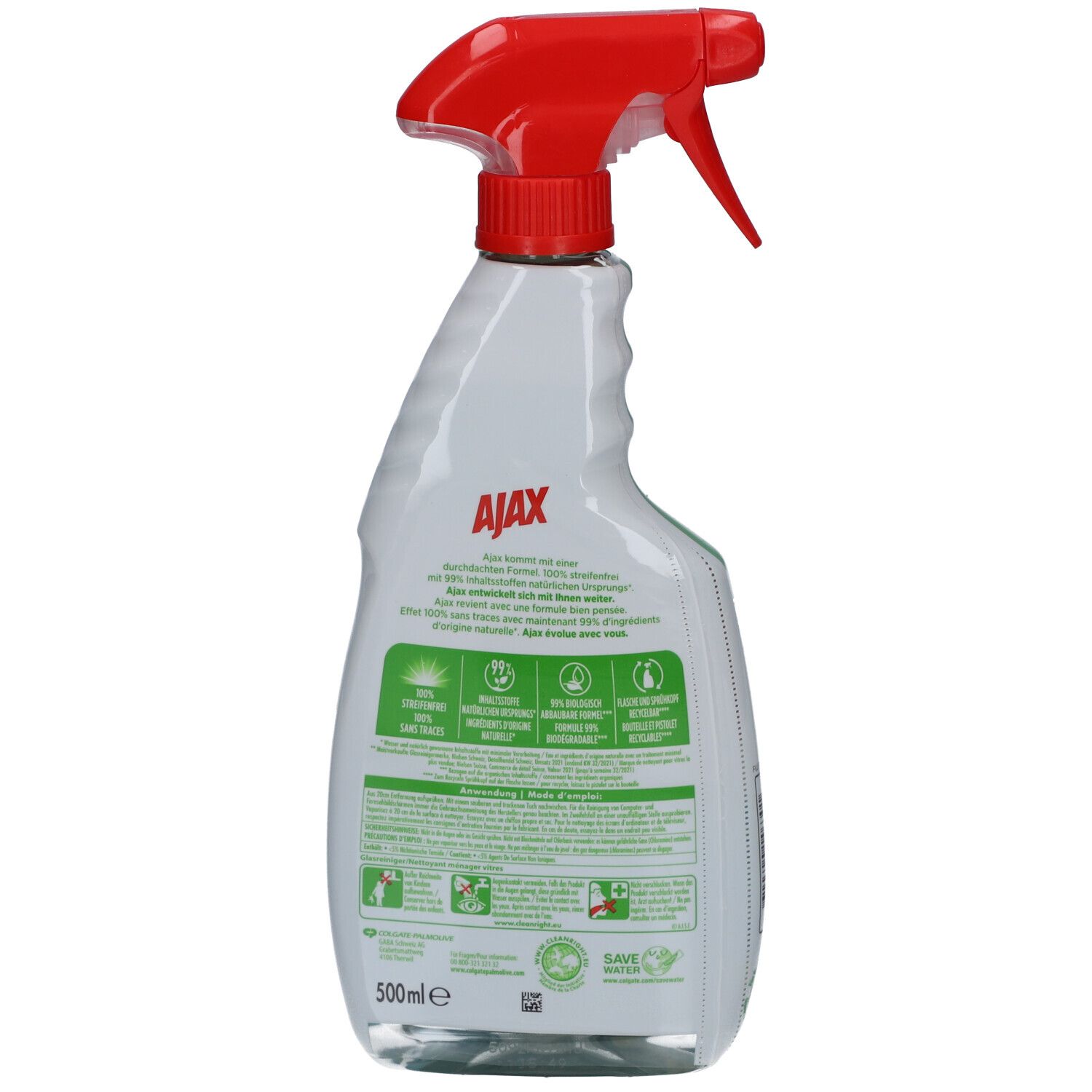 Witte spuitfles met rode spuitkop, 500ml. Merk AJAX.