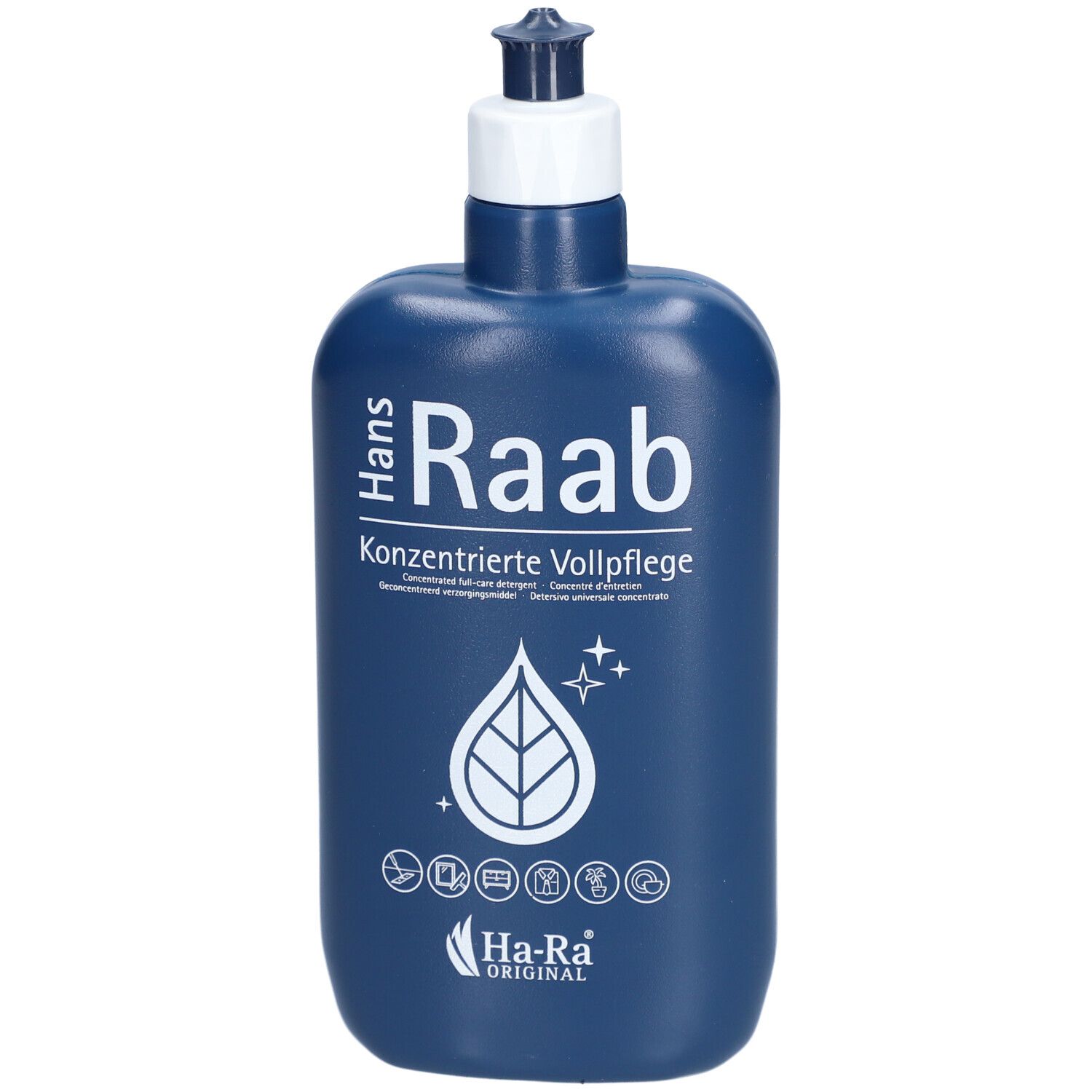 Flacon bleu foncé avec bouchon blanc. Inscription 'Hans Raab' et 'Ha-Ra Original'.