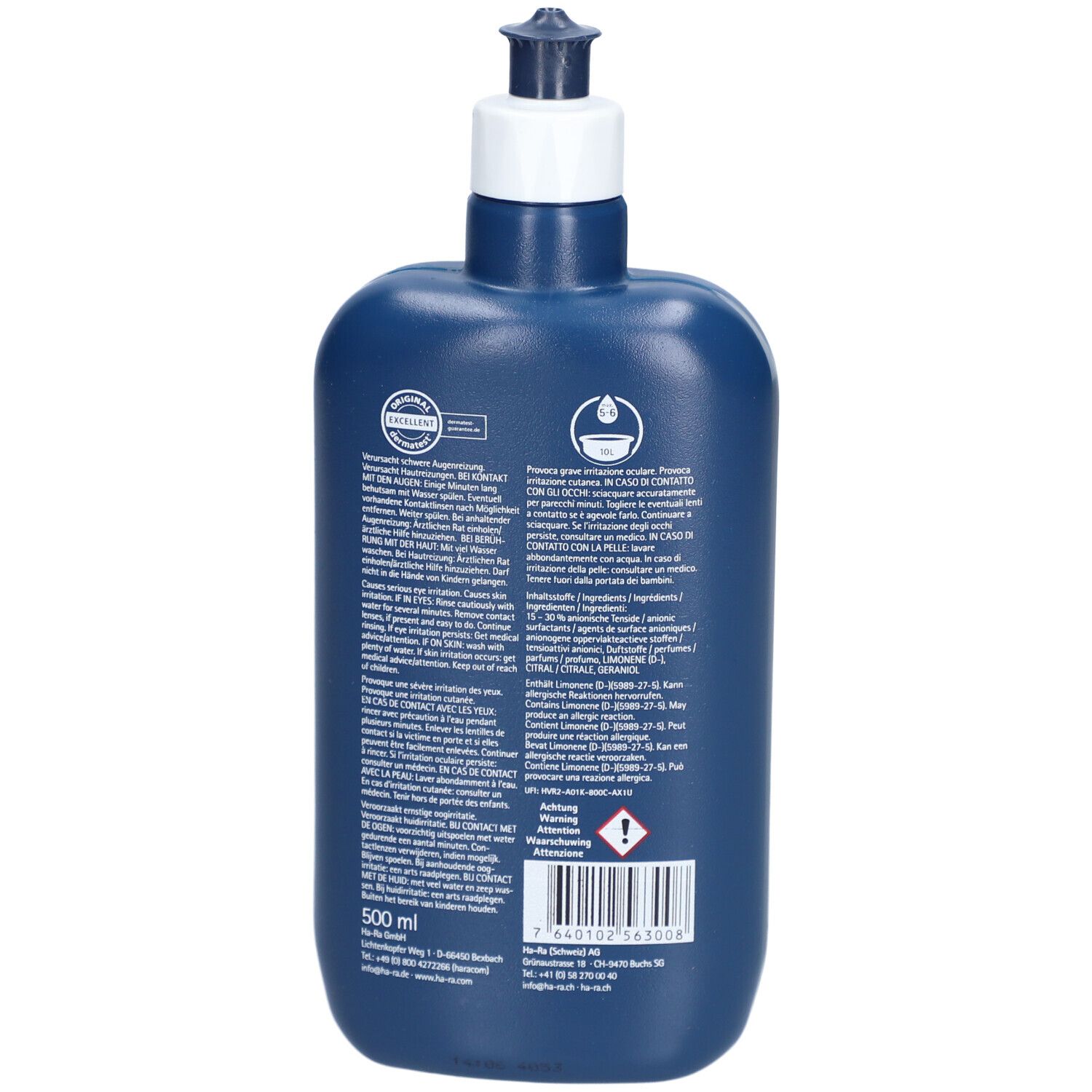 Dos du flacon bleu foncé. Texte et informations en plusieurs langues. En bas, '500 ml'.