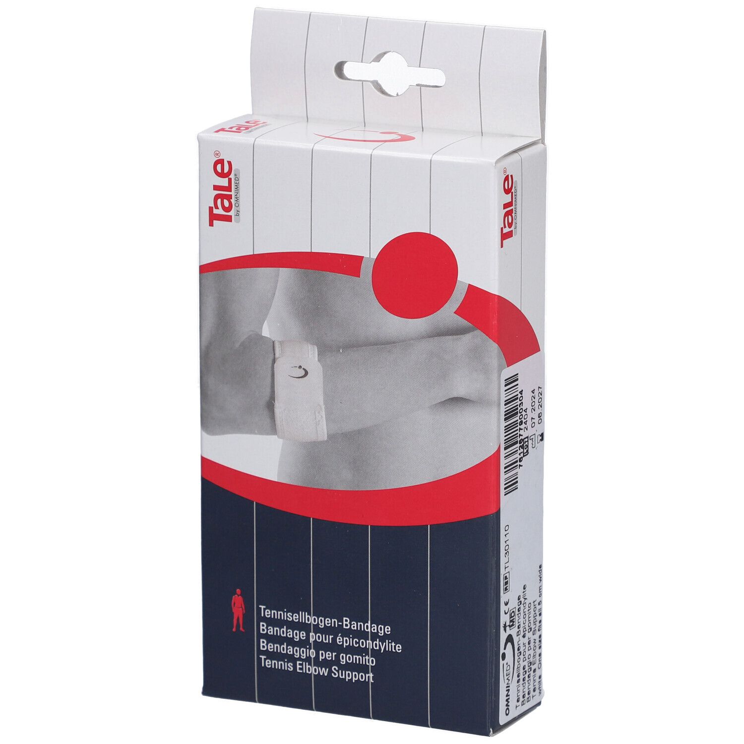 Verpakking van de Tale tenniselleboogbandage. Witte doos met productafbeelding en rode cirkel.