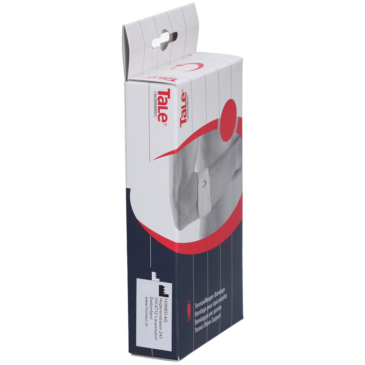 Zijaanzicht van de Tale tenniselleboogbandage verpakking. Witte doos met rode en blauwe graphics.
