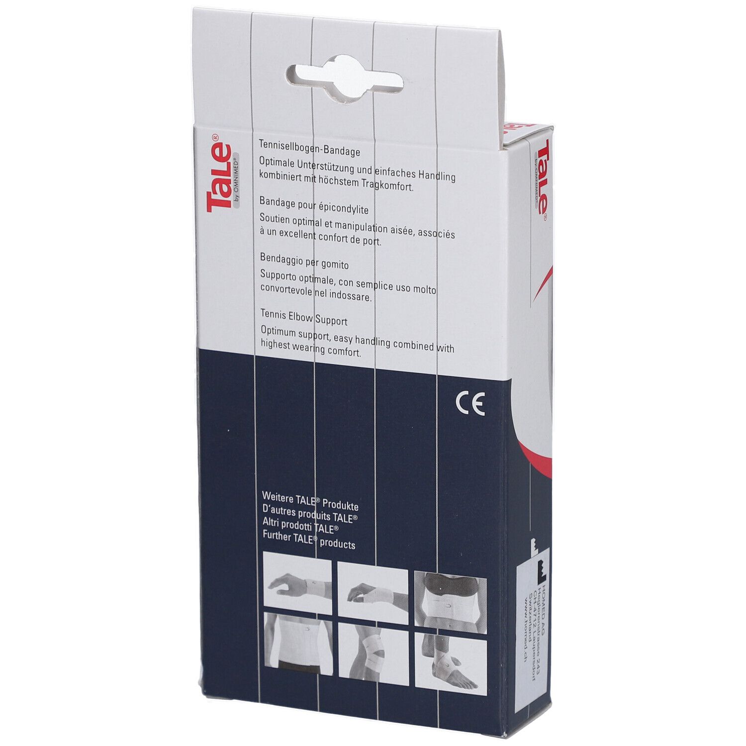 Achterkant van de Tale tenniselleboogbandage verpakking. Tekst in meerdere talen, CE-markering.