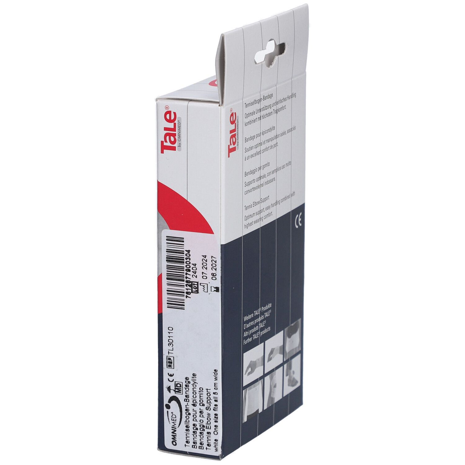 Zijaanzicht van de Tale tenniselleboogbandage verpakking. Tekst, barcode, CE-markering.