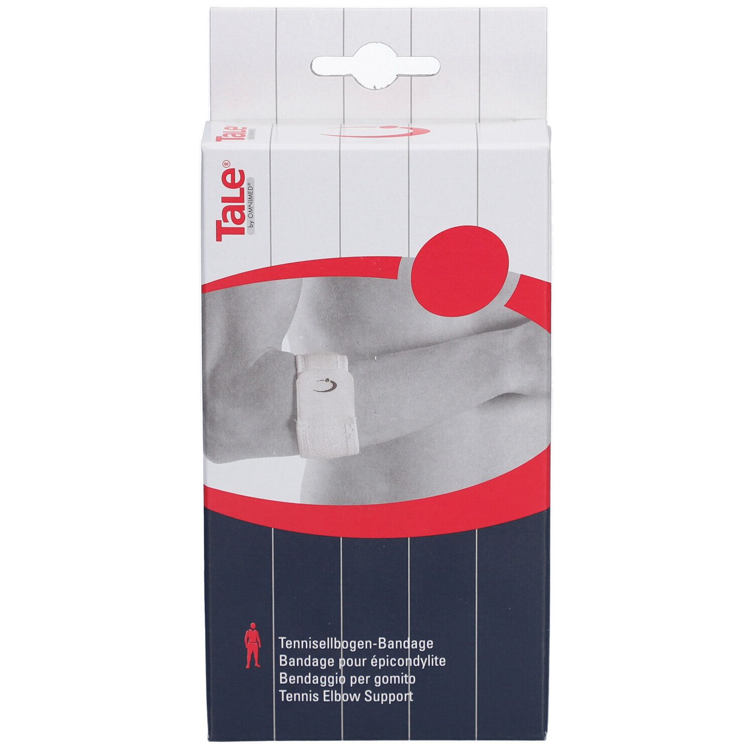 Vooraanzicht van de Tale tenniselleboogbandage verpakking. Witte doos met productafbeelding en rode cirkel.