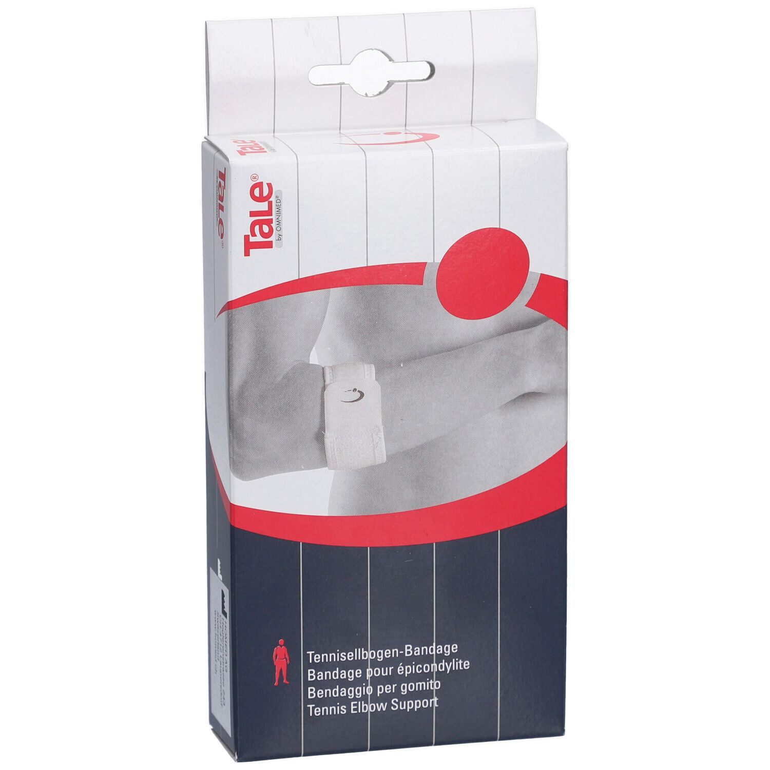 Vooraanzicht van de Tale tenniselleboogbandage verpakking. Witte doos met productafbeelding en tekst.