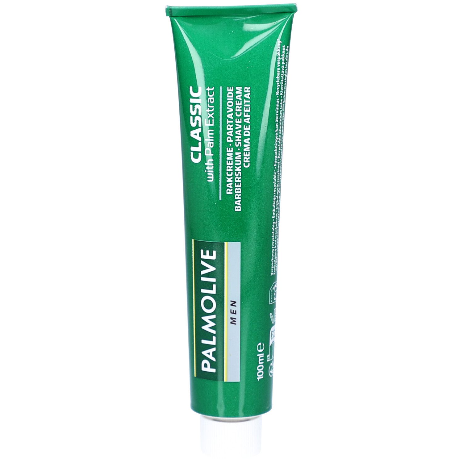 Groene tube scheercrème. Opschrift: PALMOLIVE MEN, CLASSIC with Palm Extract. Bevat scheercrème.